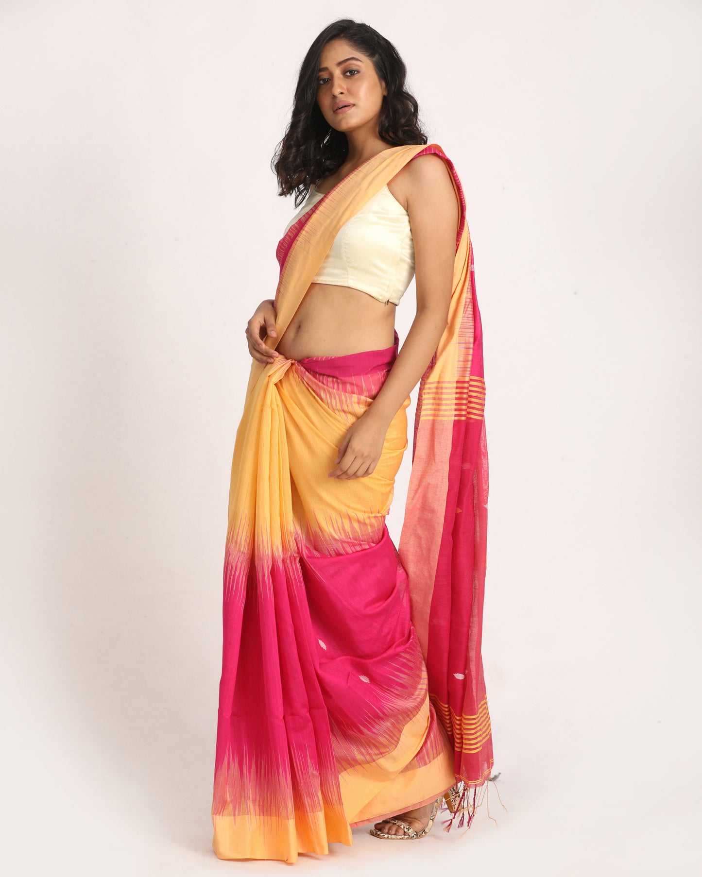 Deep Pink Mellon Yellow Cotton Blend Handloom Tie Dye Jamdani Saree