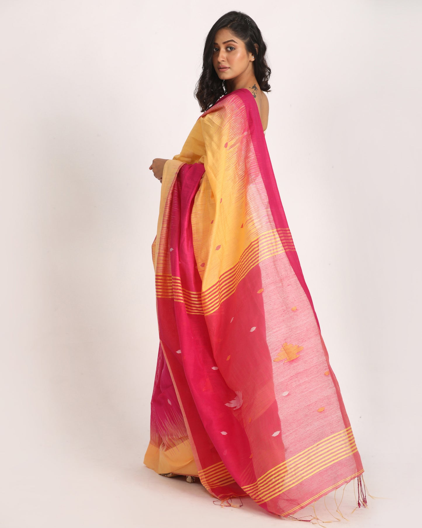 Deep Pink Mellon Yellow Cotton Blend Handloom Tie Dye Jamdani Saree