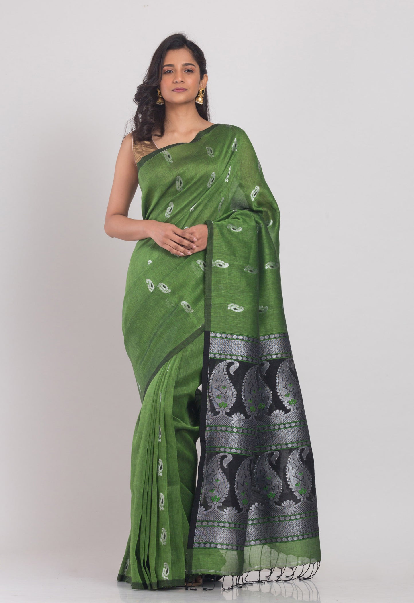 Green Cotton Linen Handloom Saree