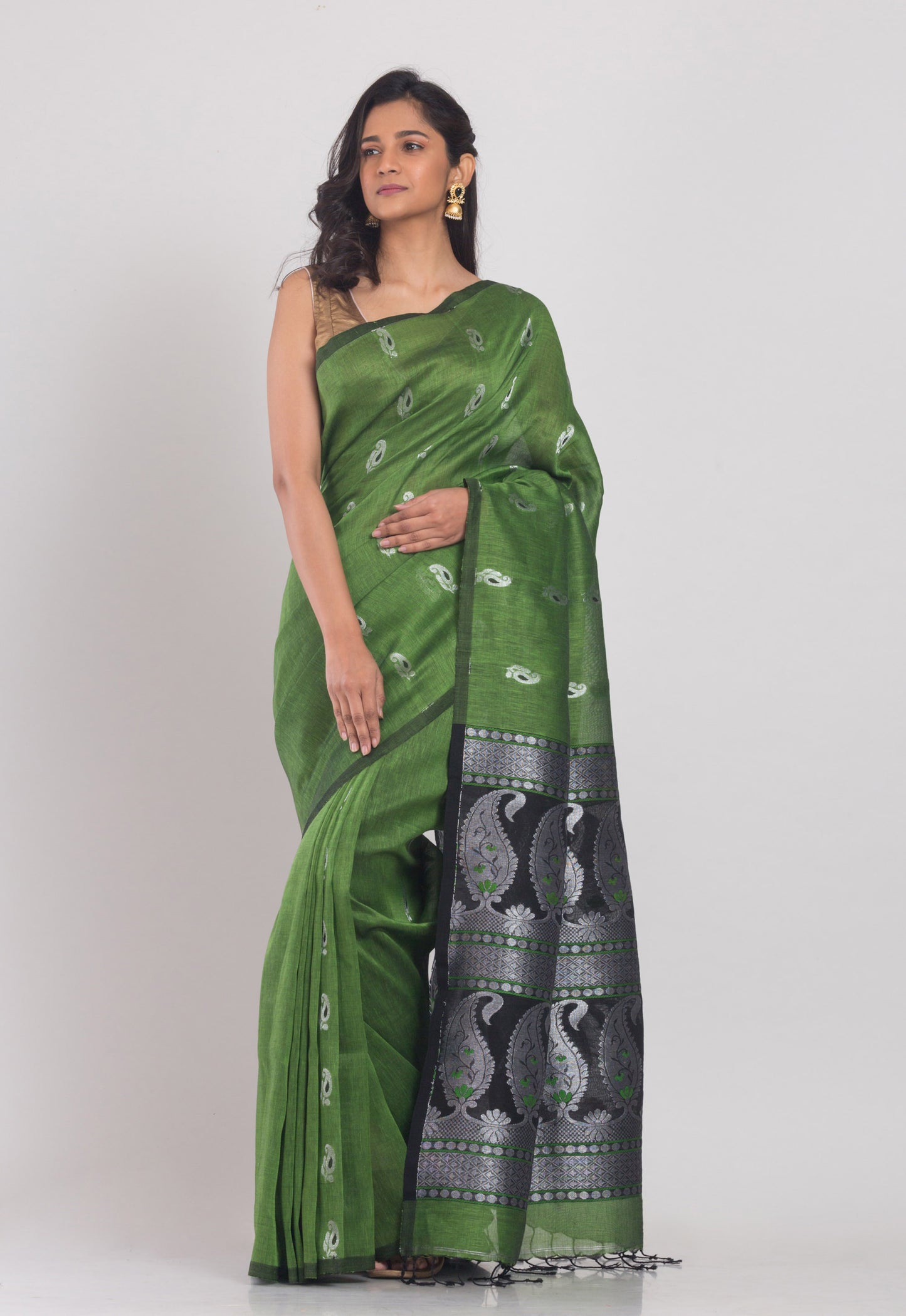 Green Cotton Linen Handloom Saree