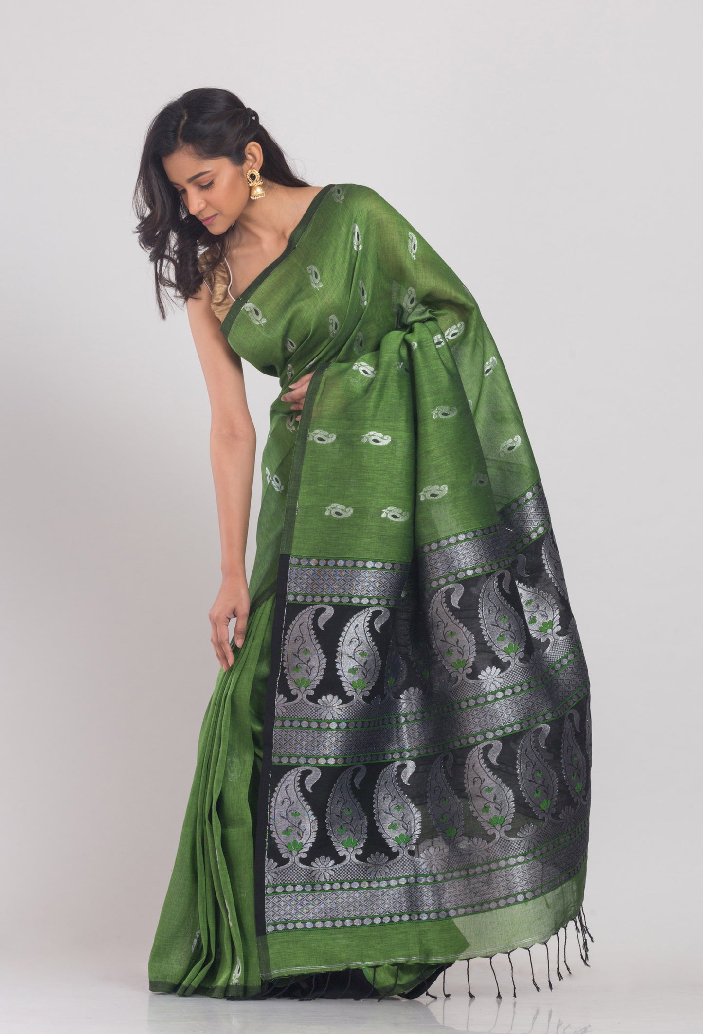 Green Cotton Linen Handloom Saree