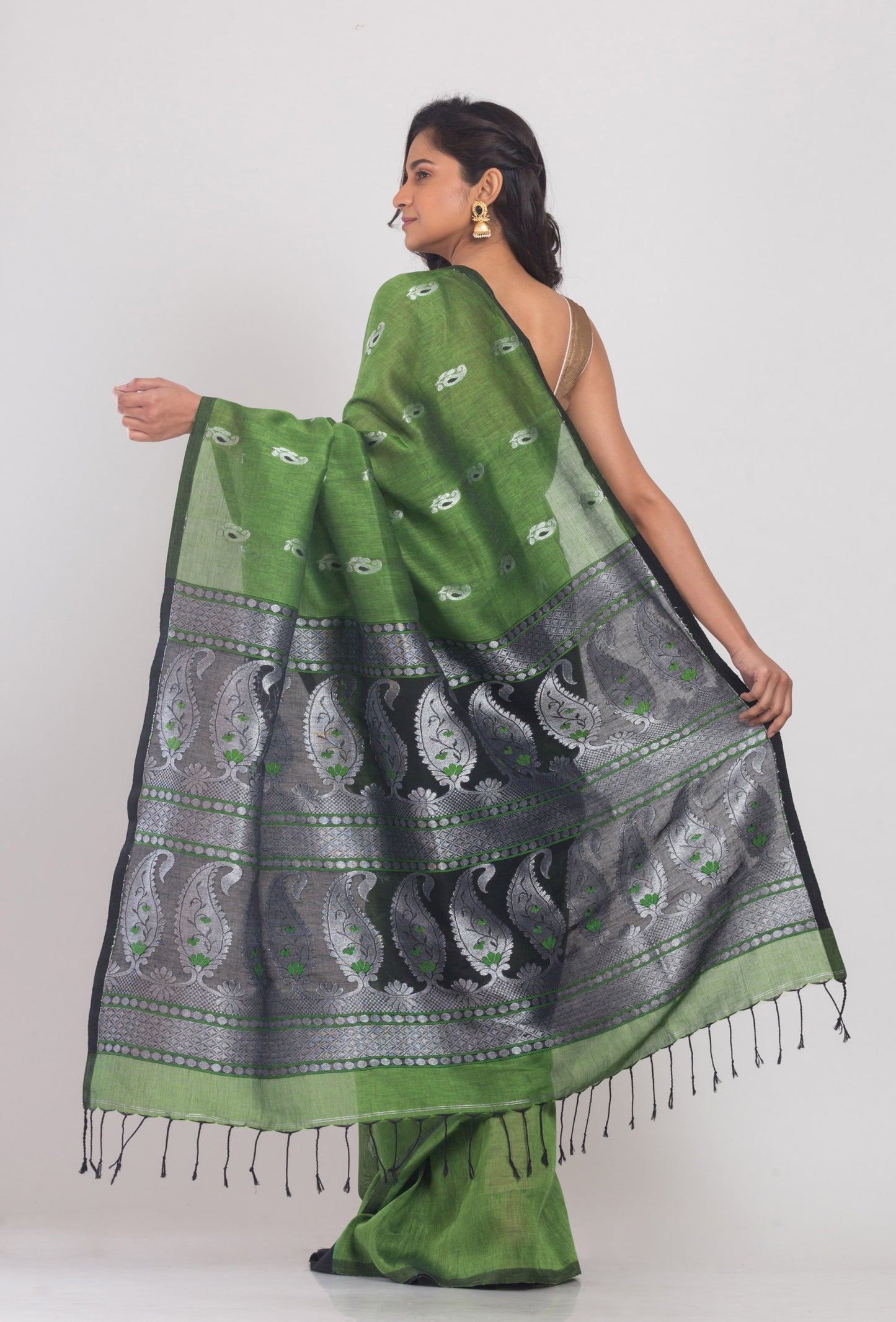 Green Cotton Linen Handloom Saree