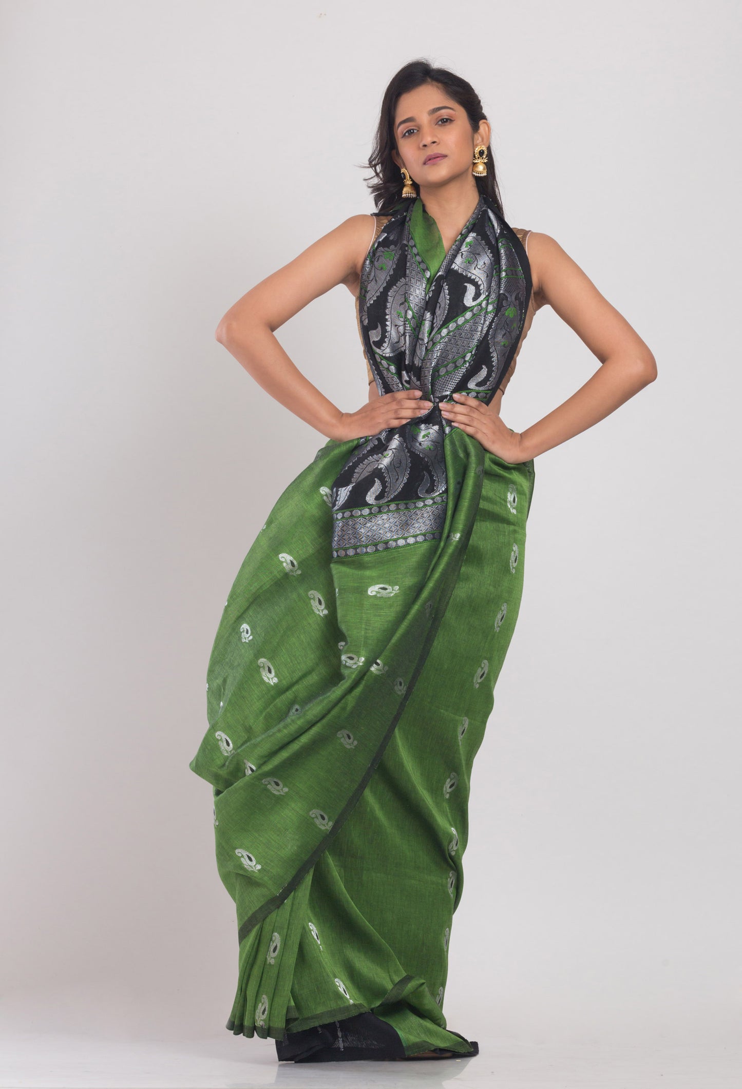 Green Cotton Linen Handloom Saree