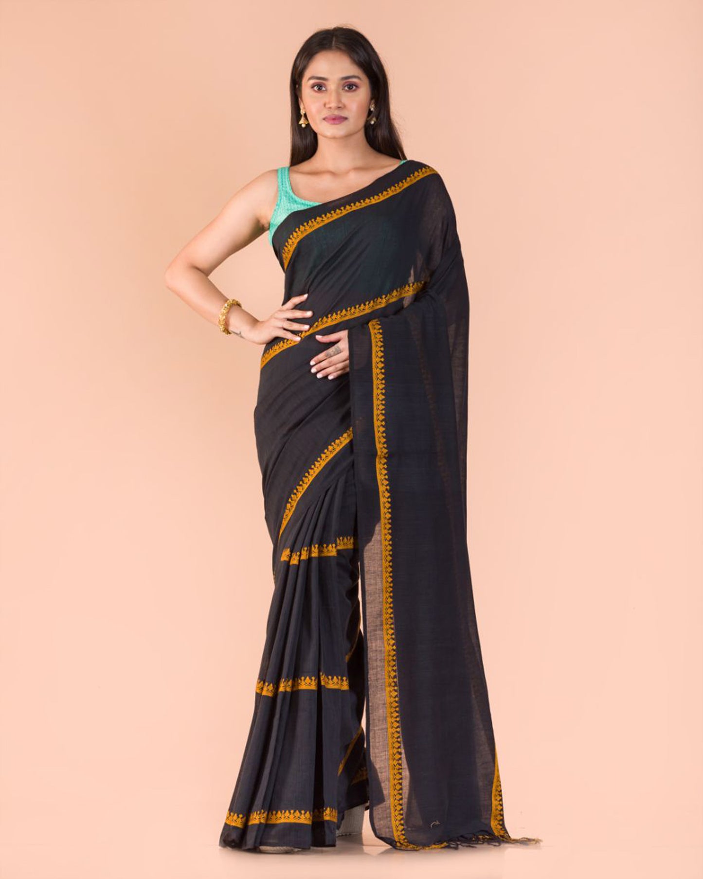 Black and yellow handwoven bengal cotton saree