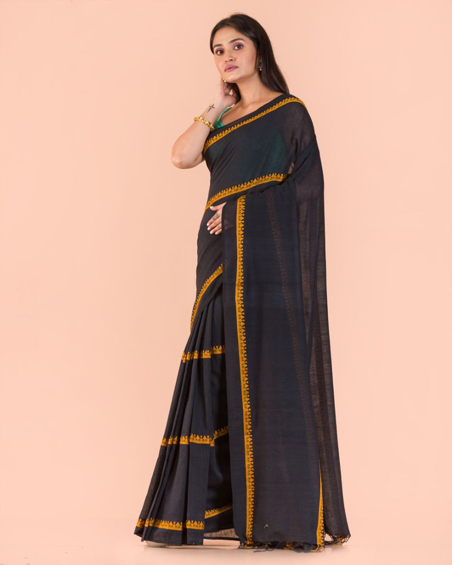 Black and yellow handwoven bengal cotton saree