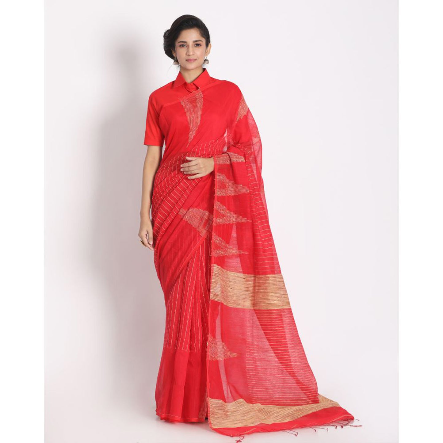 Apple Red Cotton Silk Handloom Saree