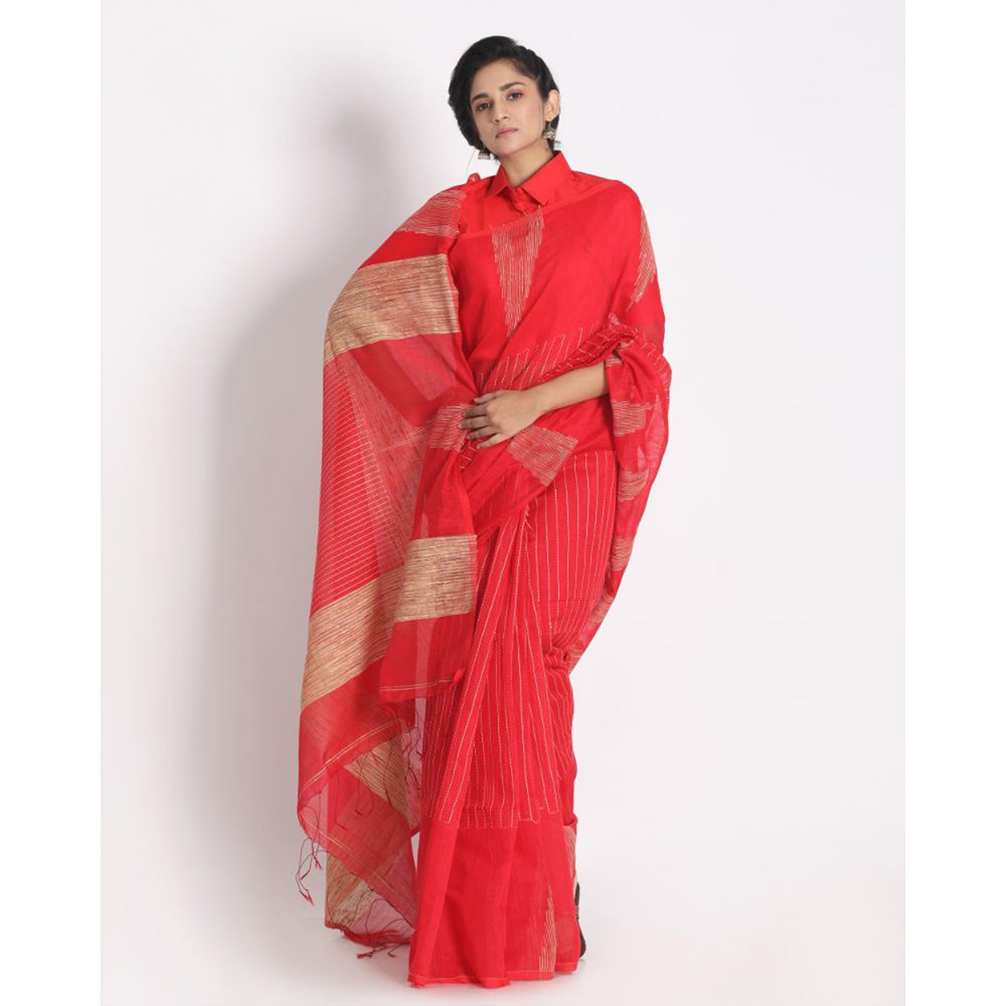 Apple Red Cotton Silk Handloom Saree