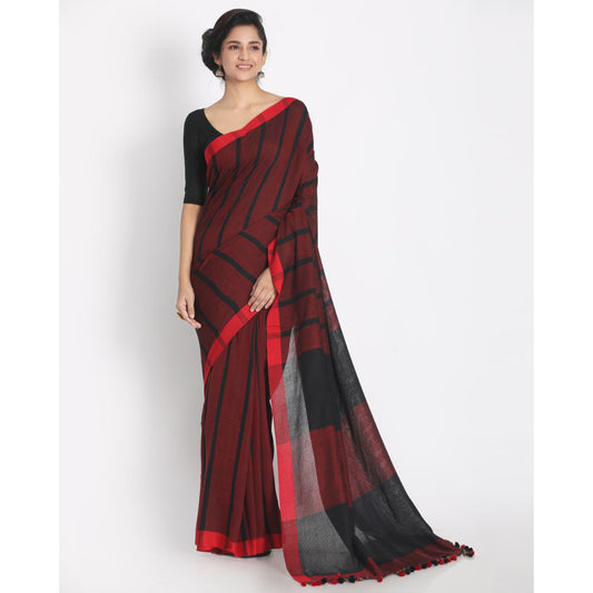 All Over Handwoven Work Black Red Check Cotton Saree