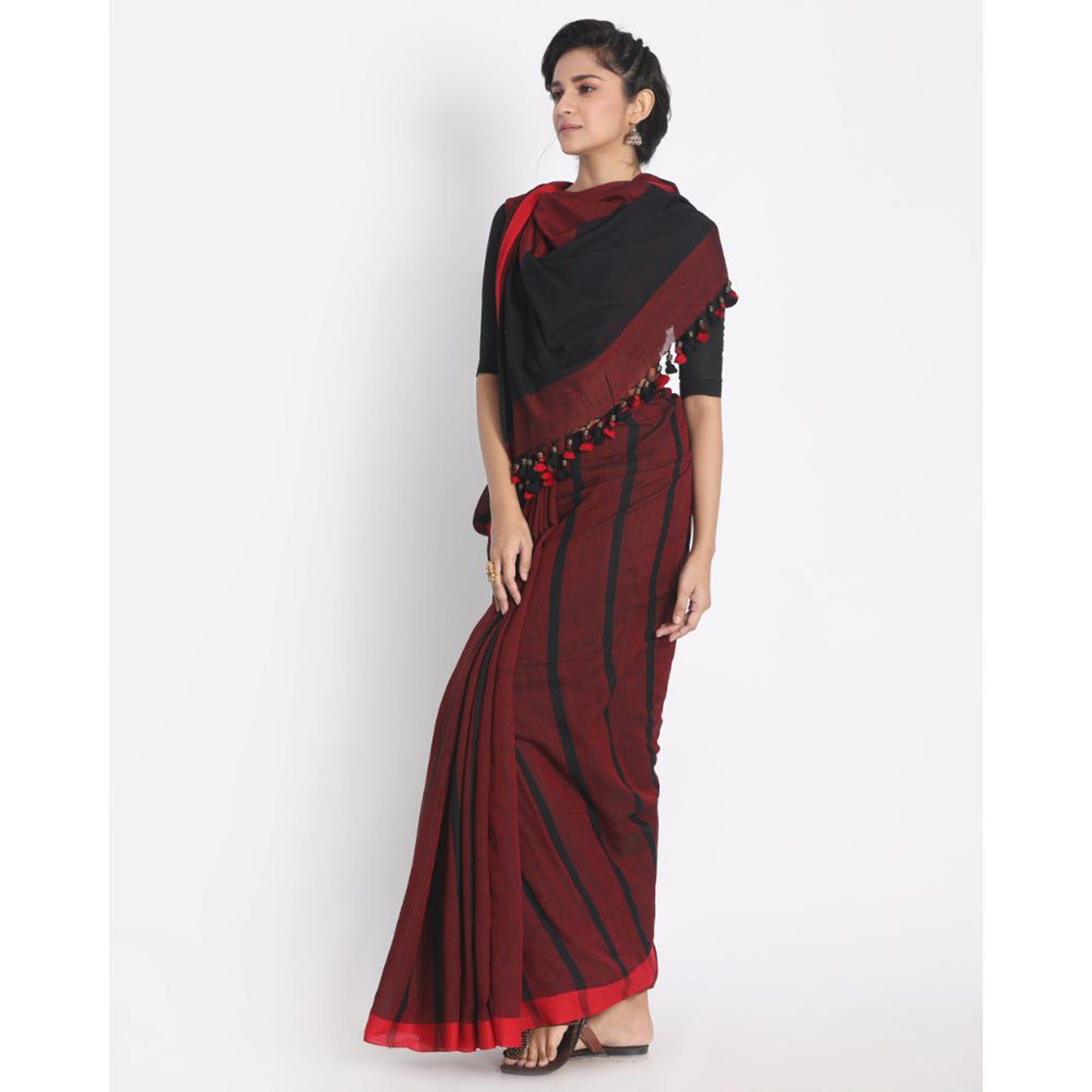 All Over Handwoven Work Black Red Check Cotton Saree