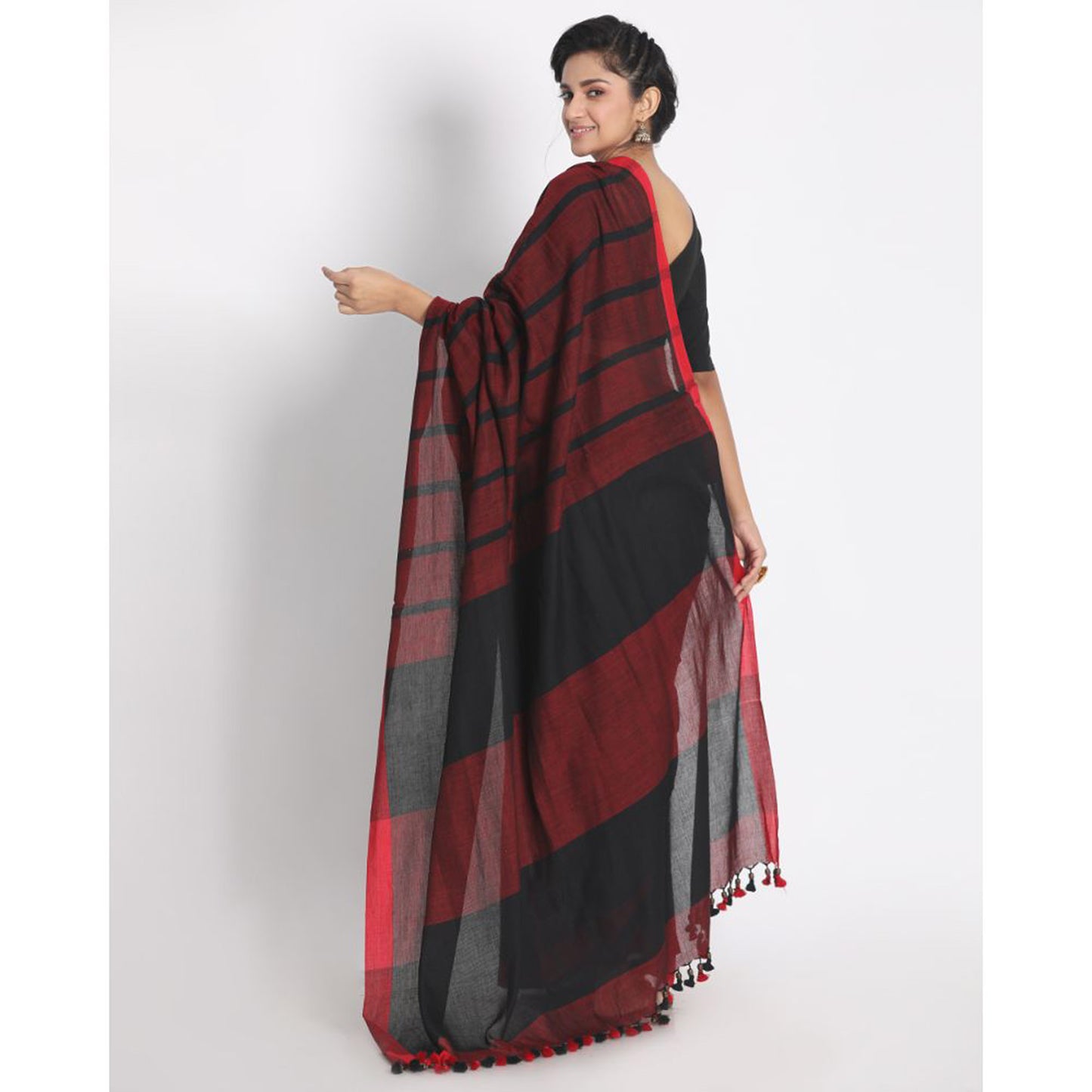 All Over Handwoven Work Black Red Check Cotton Saree