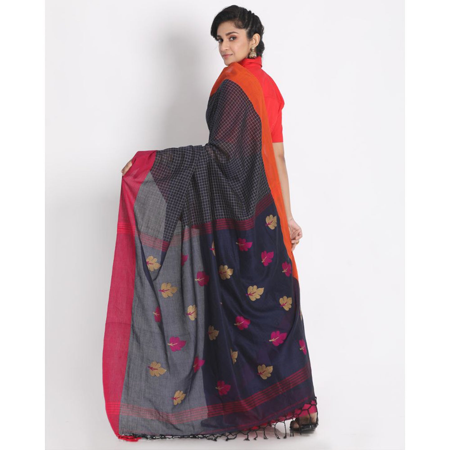 All Over Kantha Work Navy Blue Handloom Saree