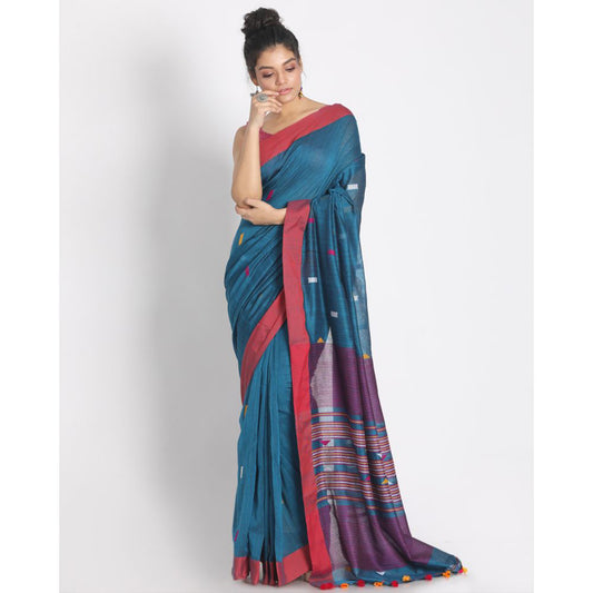 Teal Cotton Handloom Saree With Weaving Motif