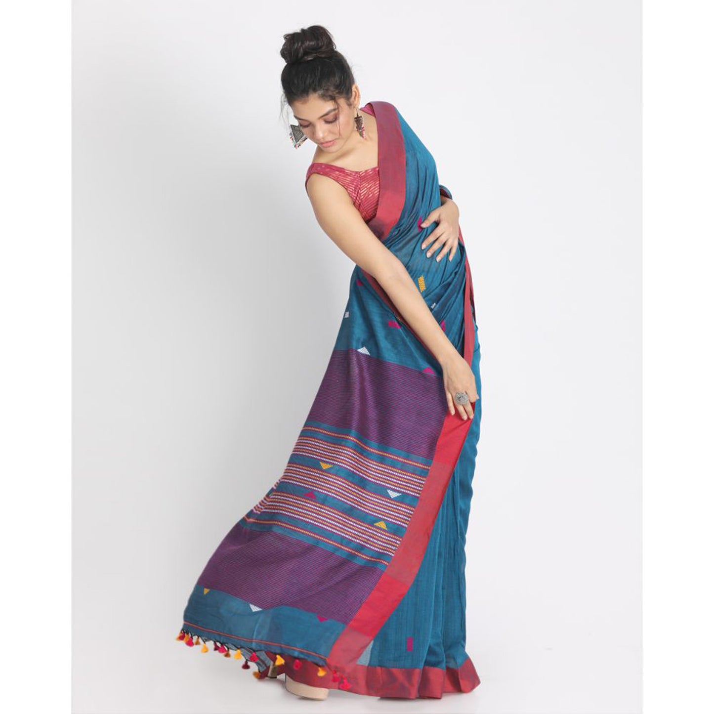 Teal Cotton Handloom Saree With Weaving Motif