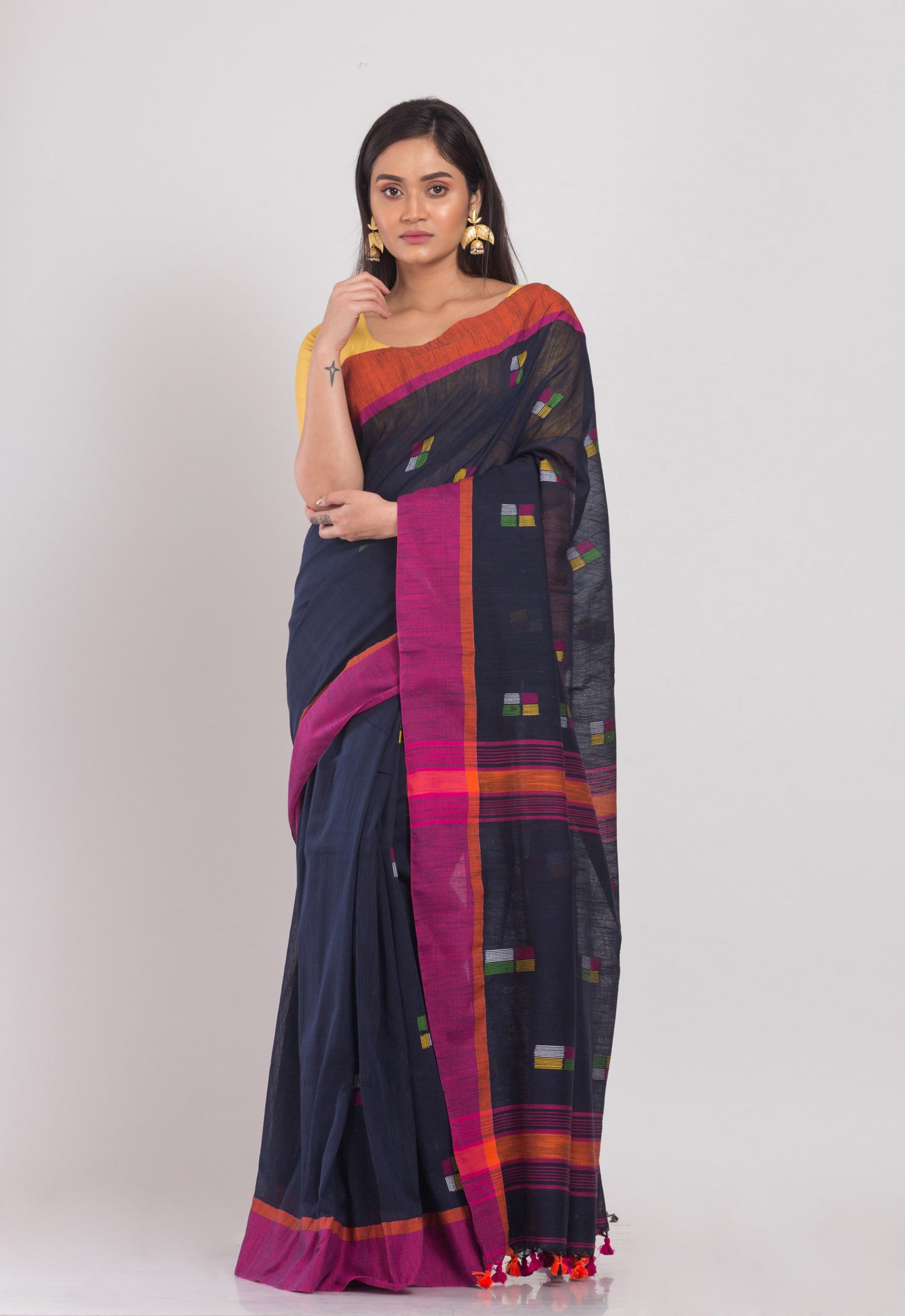 Navy Blue Cotton Handloom Saree