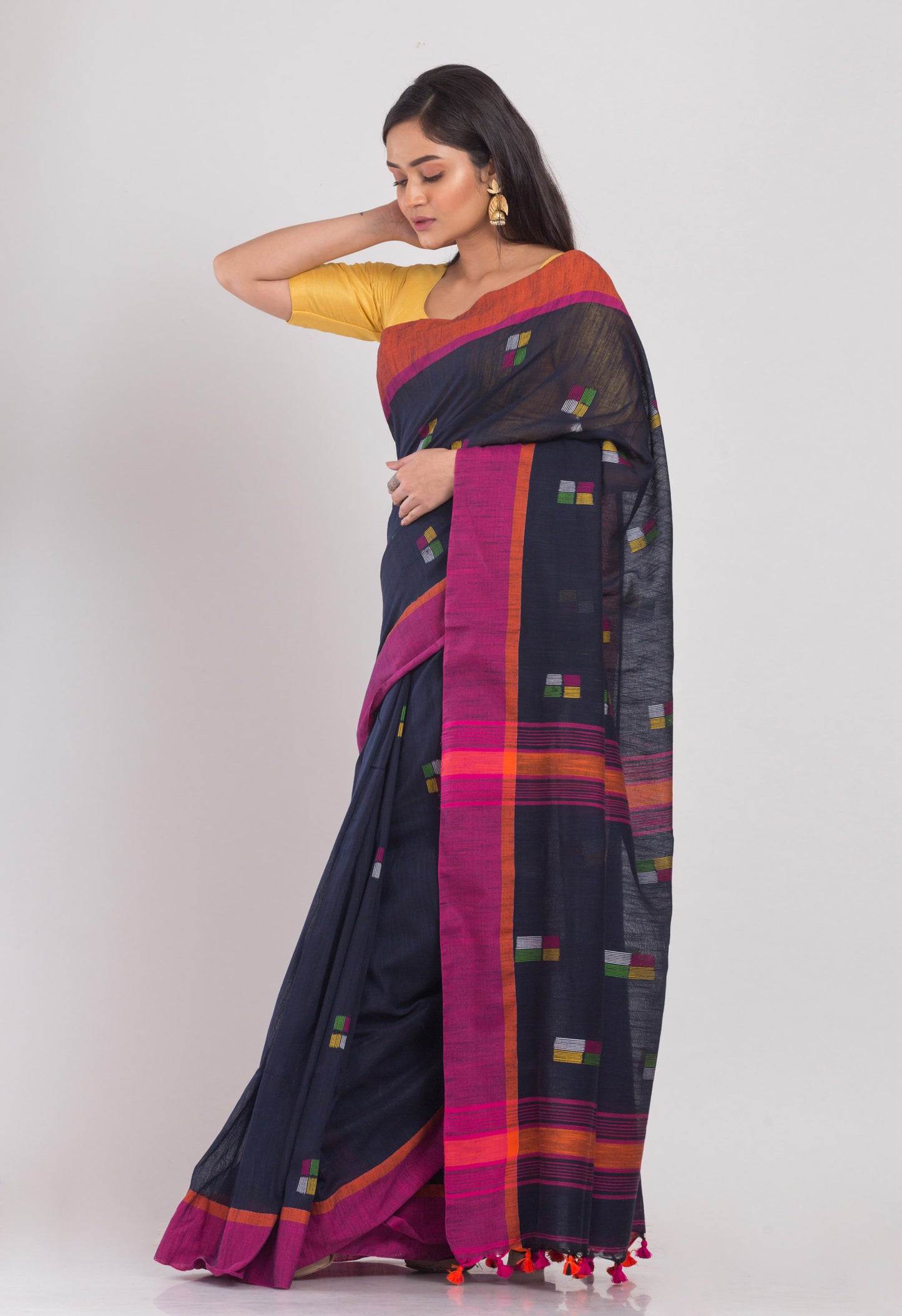 Navy Blue Cotton Handloom Saree