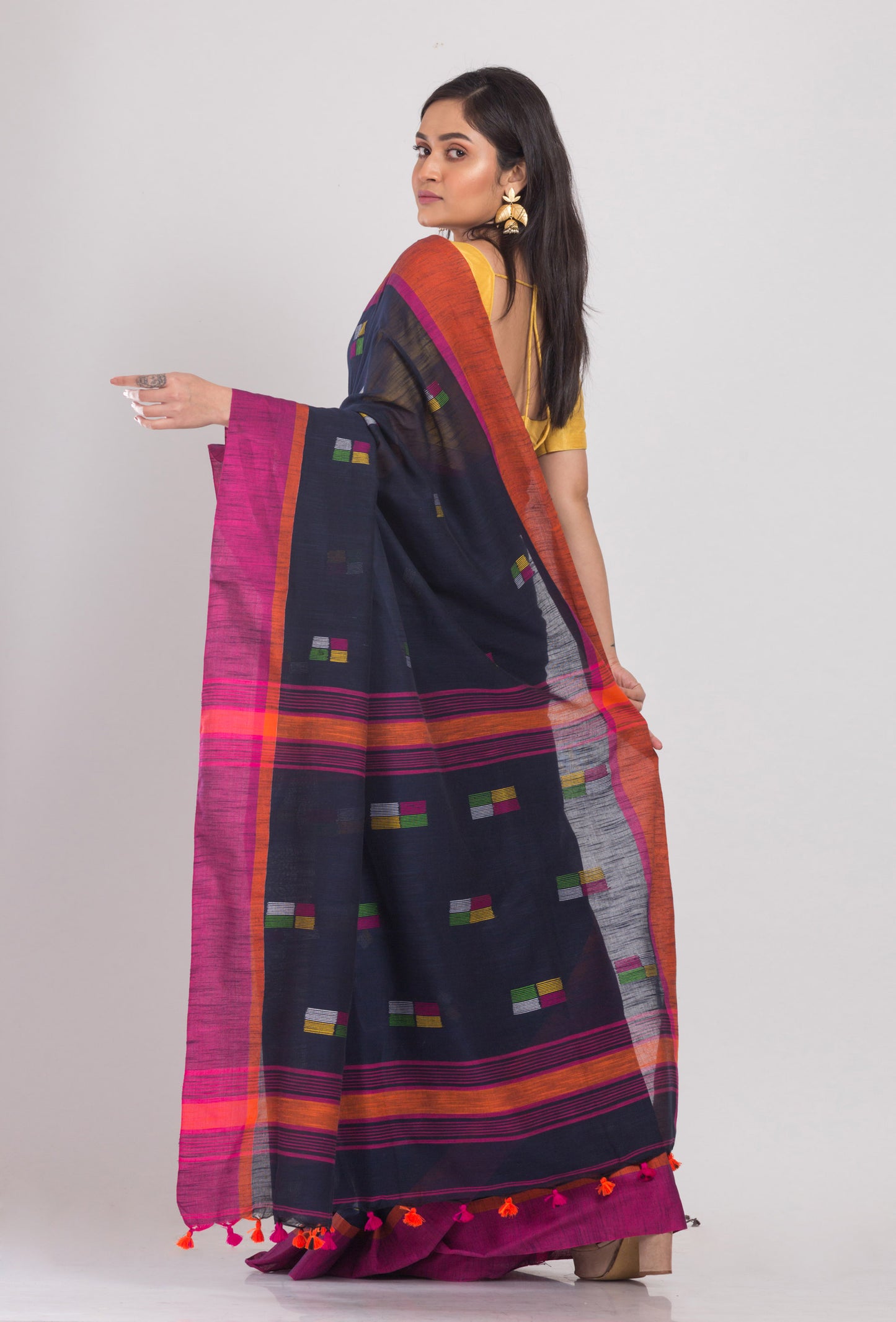 Navy Blue Cotton Handloom Saree