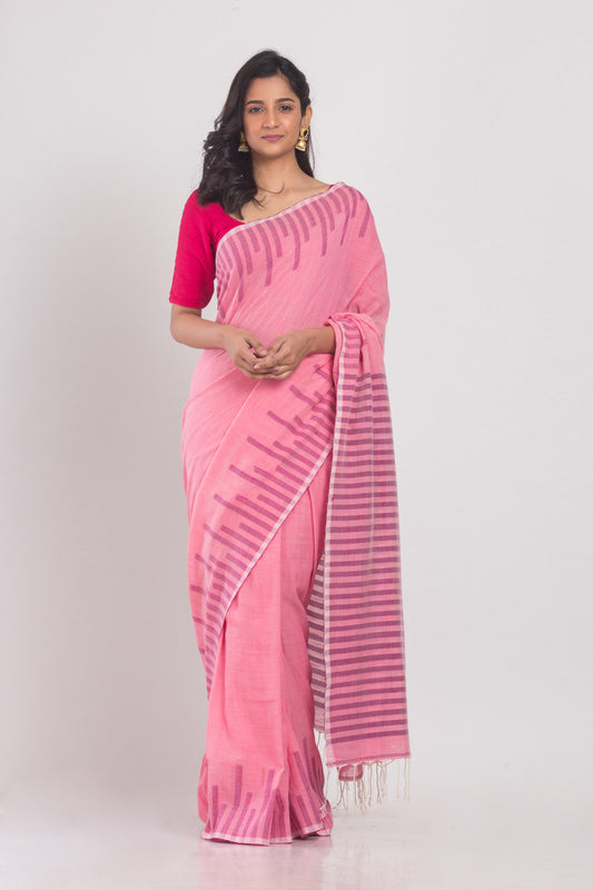 Pink Temple Border Cotton Saree