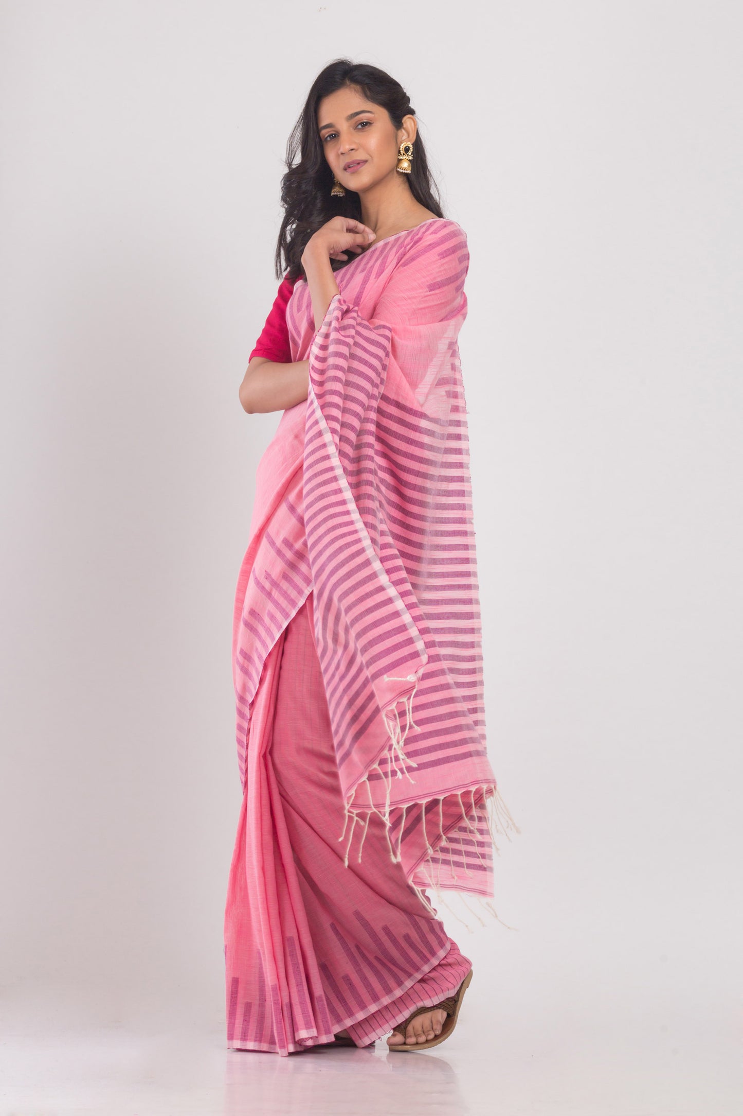 Pink Temple Border Cotton Saree