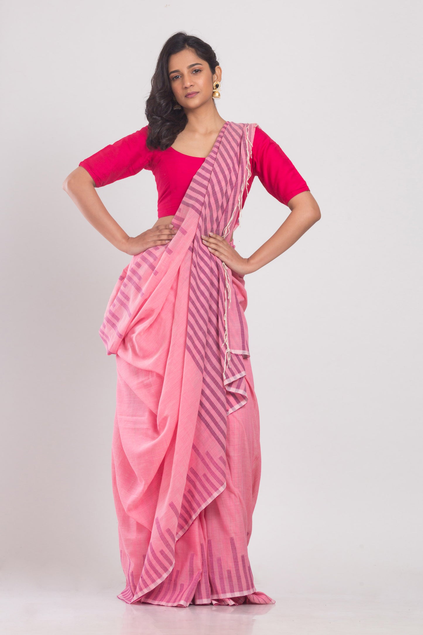 Pink Temple Border Cotton Saree