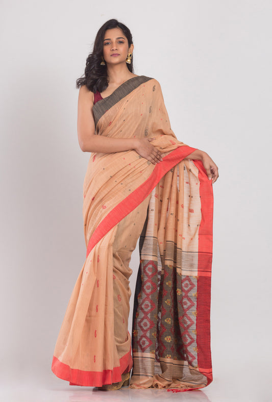 Orange Peach Handwoven Cotton Saree