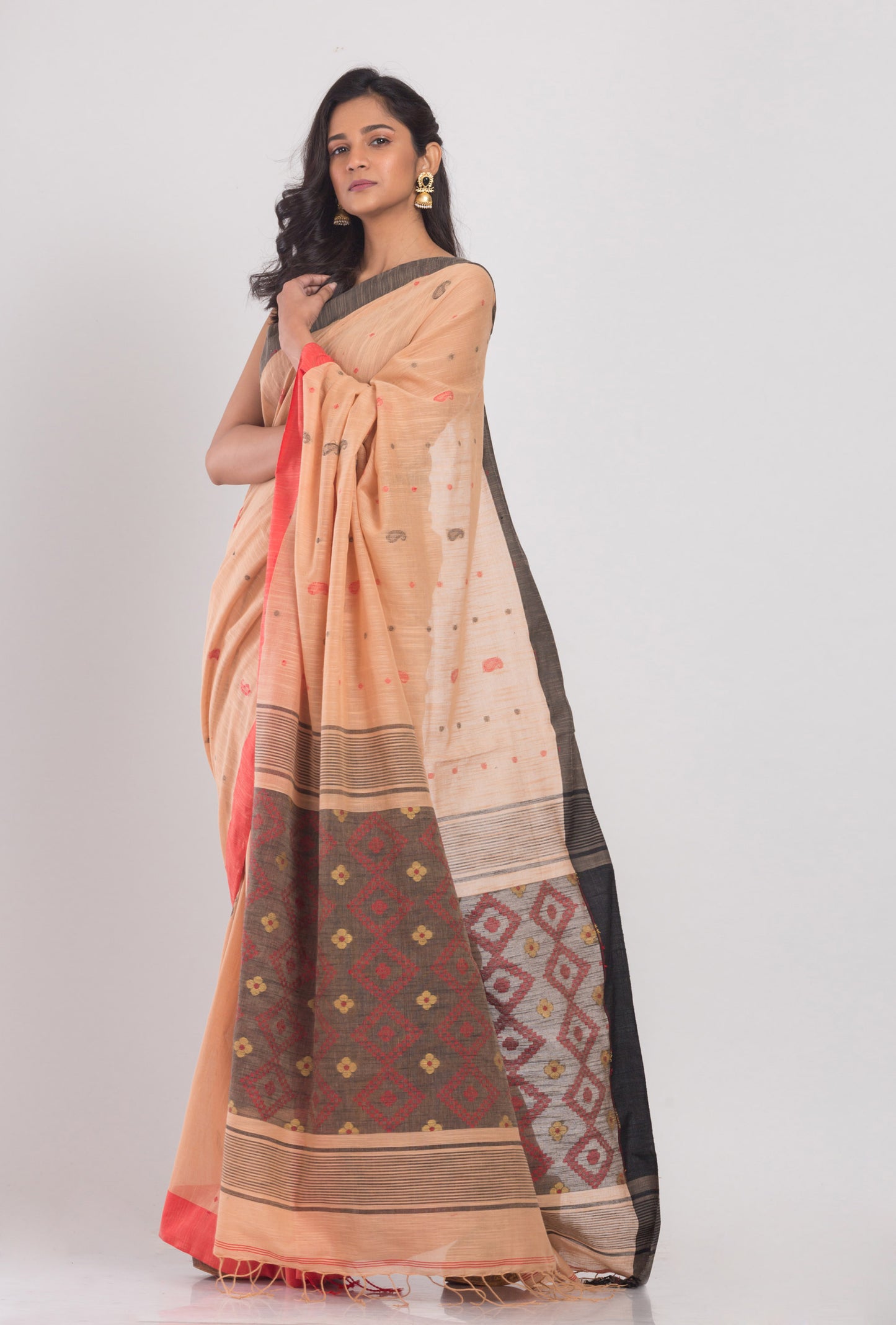 Orange Peach Handwoven Cotton Saree