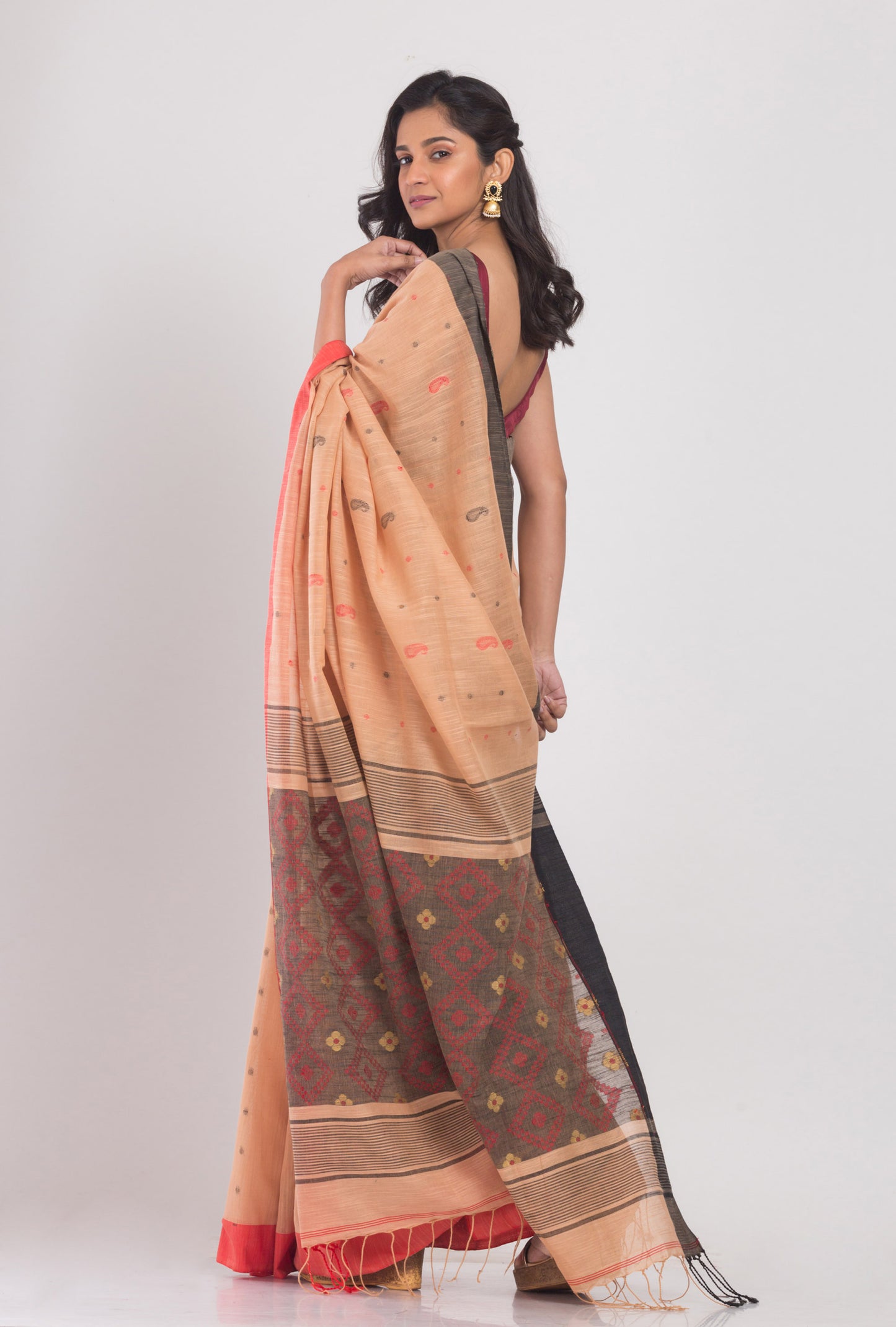 Orange Peach Handwoven Cotton Saree