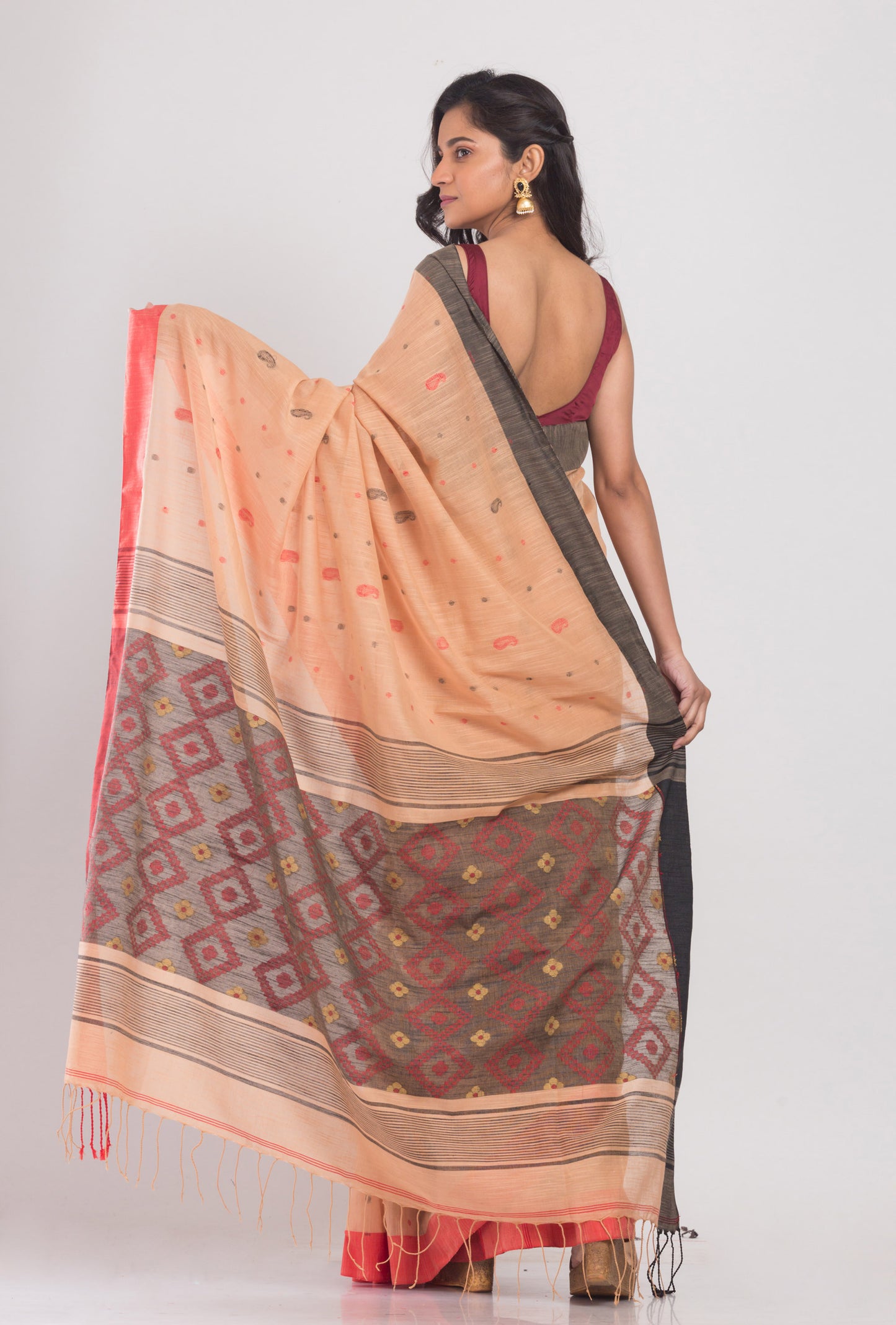 Orange Peach Handwoven Cotton Saree