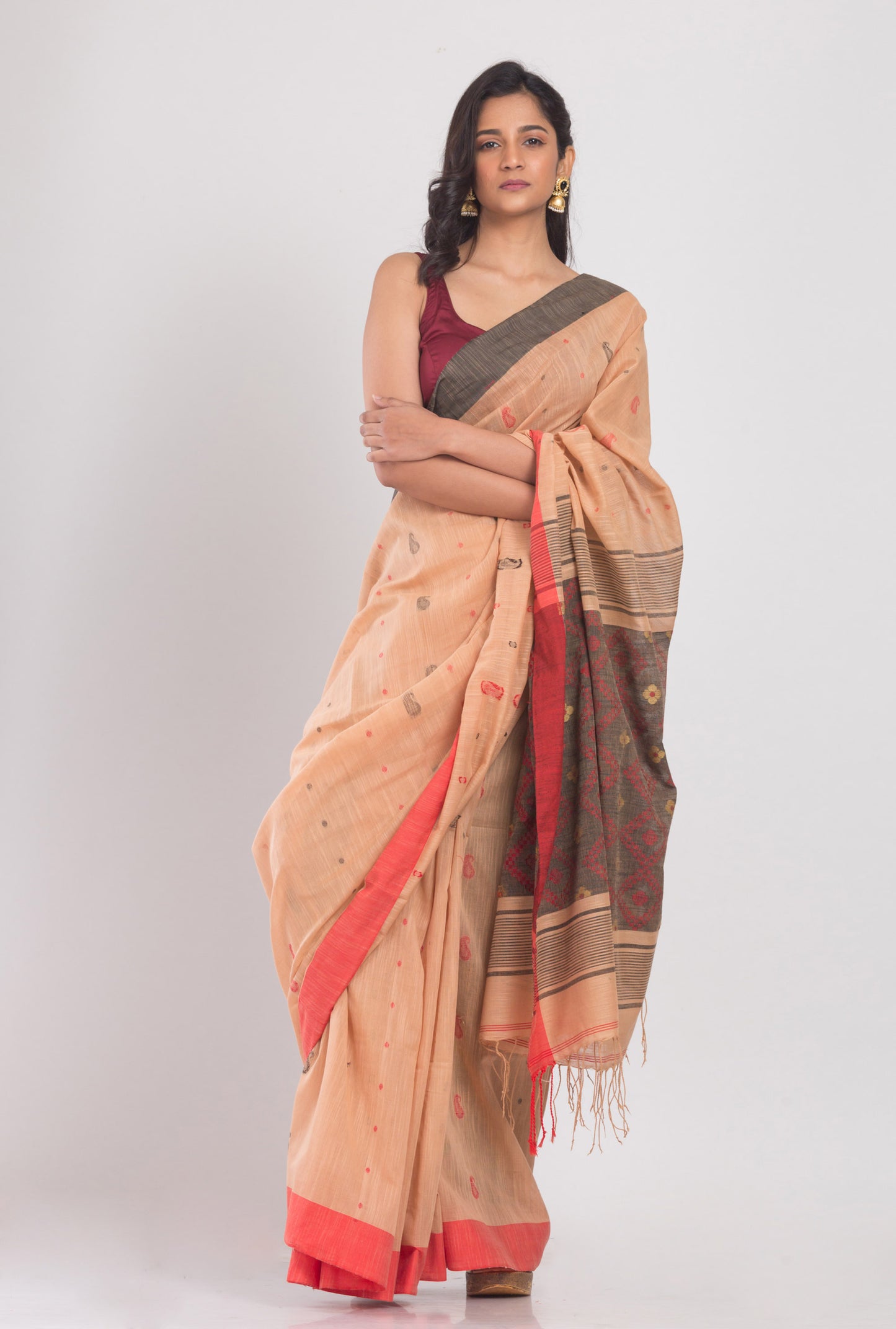 Orange Peach Handwoven Cotton Saree