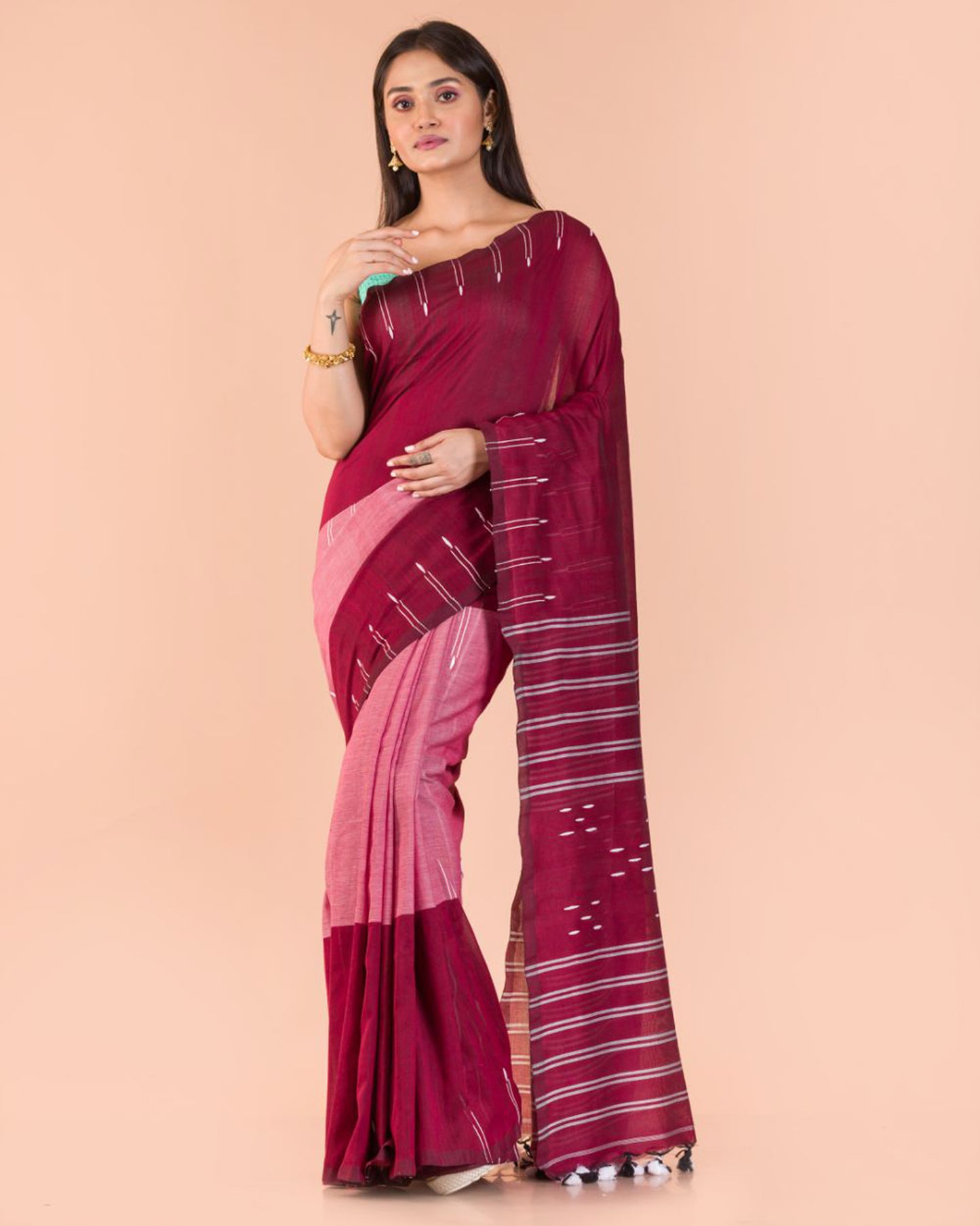 Maroon Peach Handwoven Cotton Saree