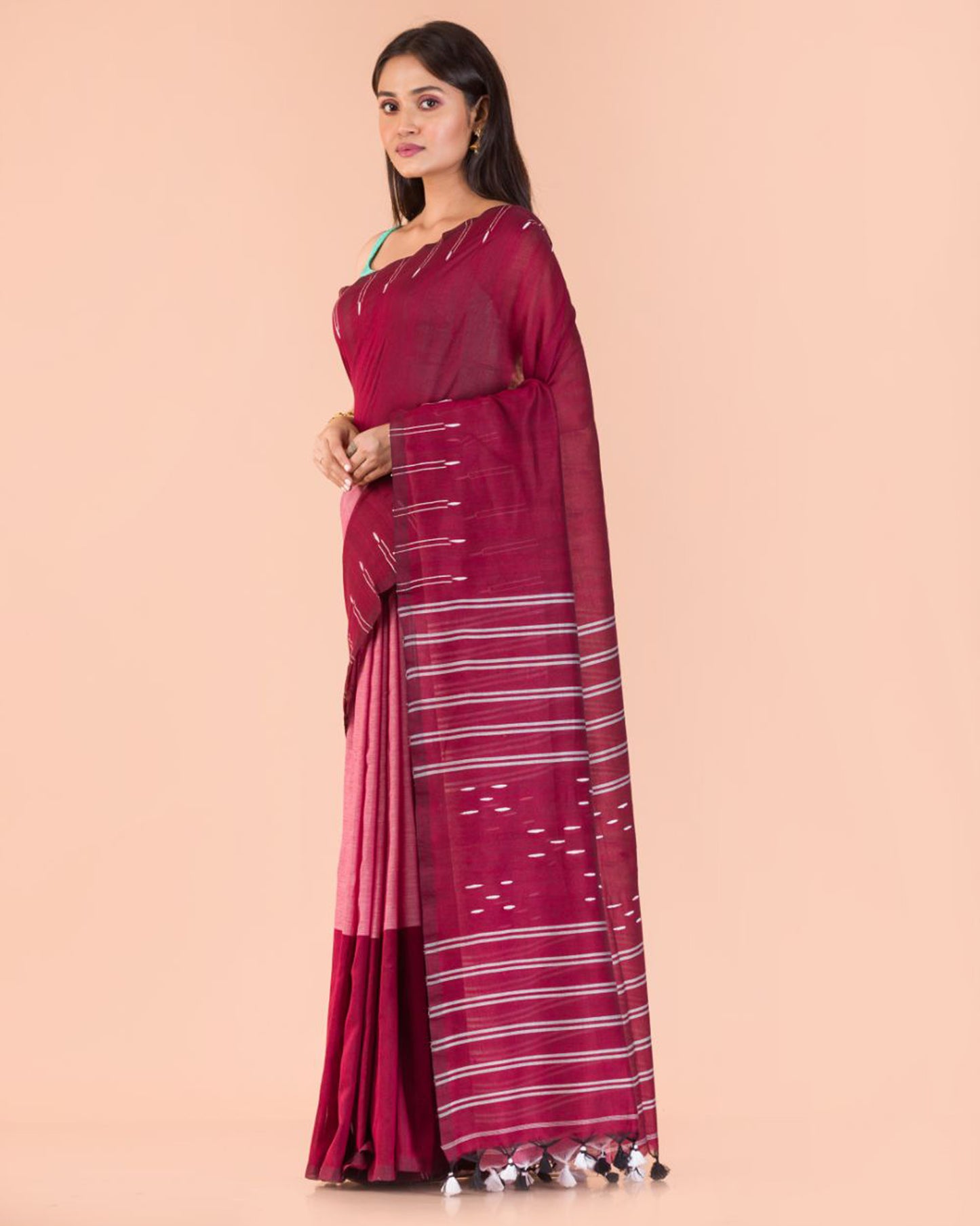 Maroon Peach Handwoven Cotton Saree