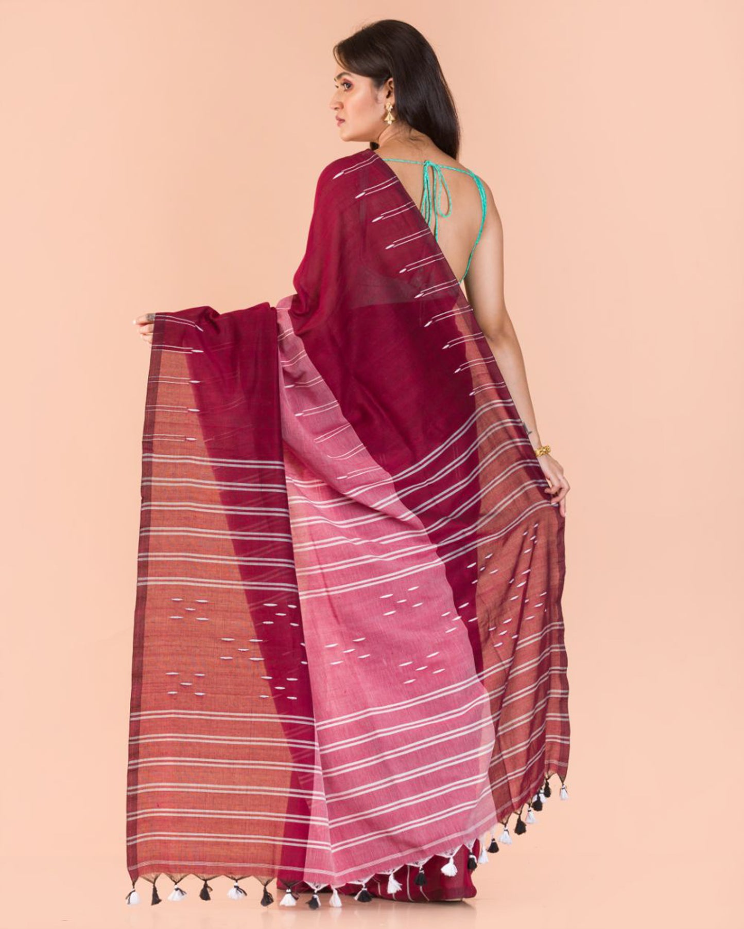 Maroon Peach Handwoven Cotton Saree