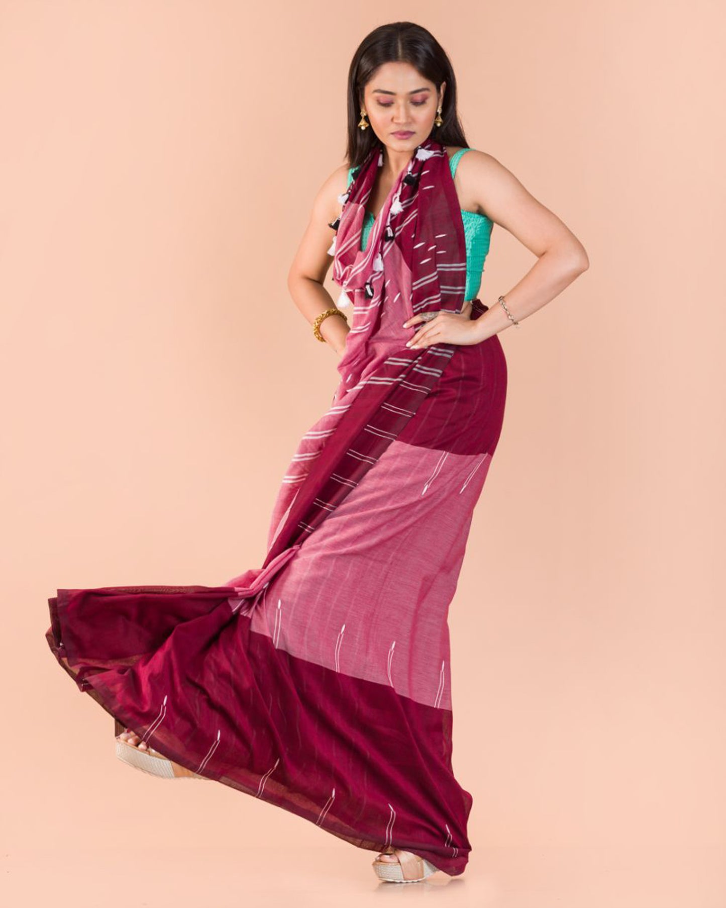 Maroon Peach Handwoven Cotton Saree