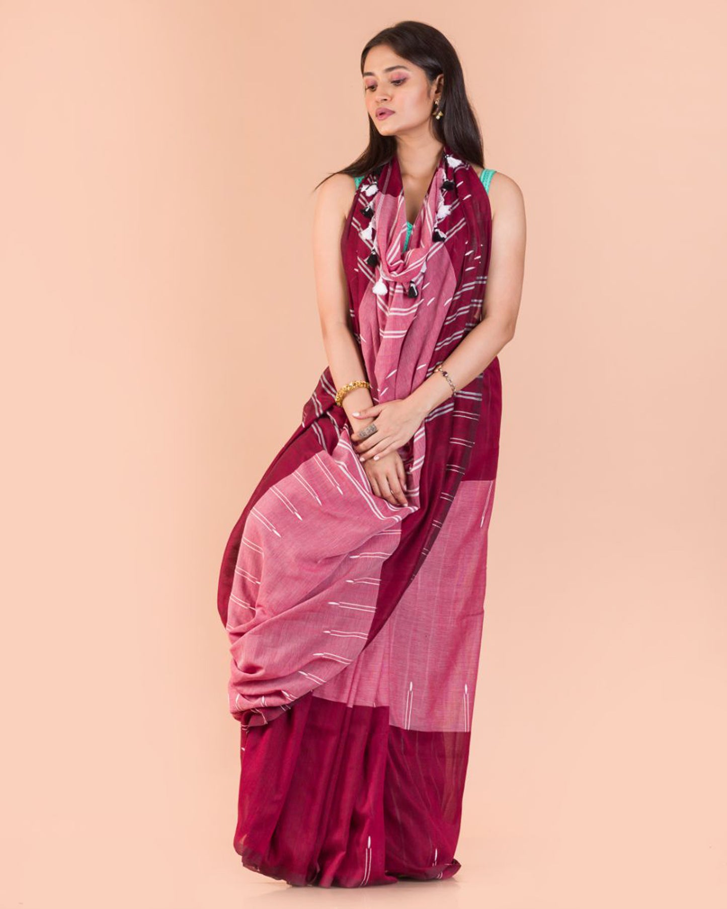 Maroon Peach Handwoven Cotton Saree