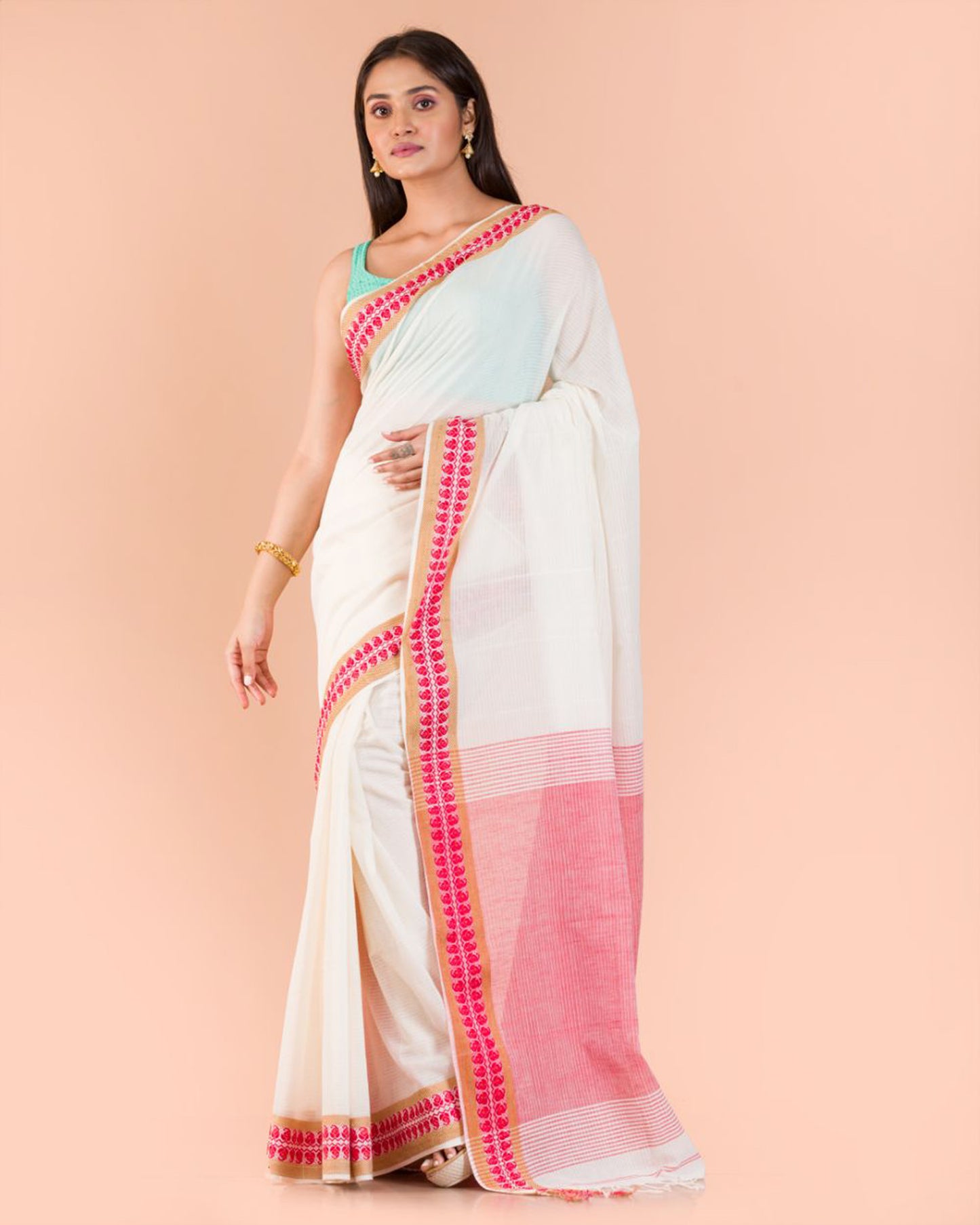 Soft Cream Cotton Tangail Saree