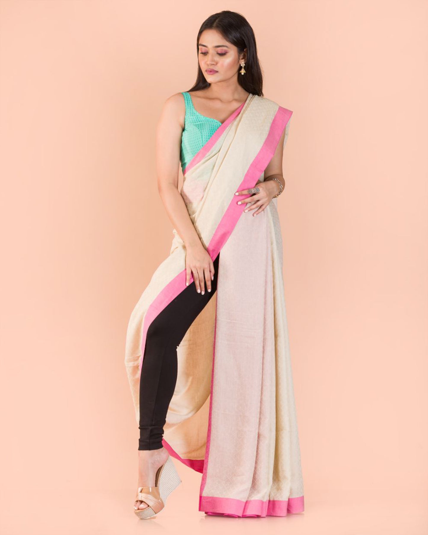 Cream pink handwoven bengal cotton saree