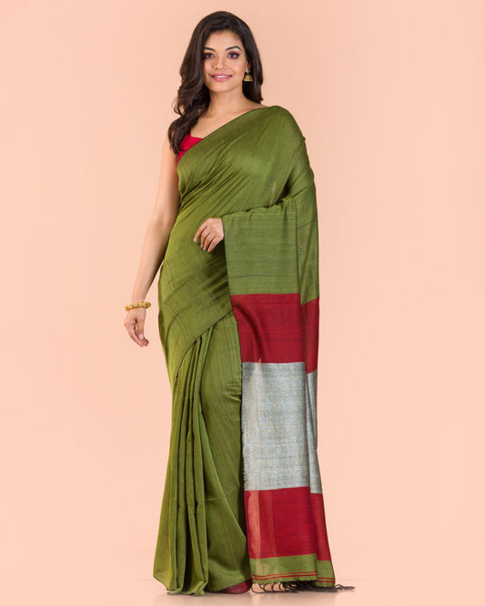 Pea Green Handwoven Cotton Saree