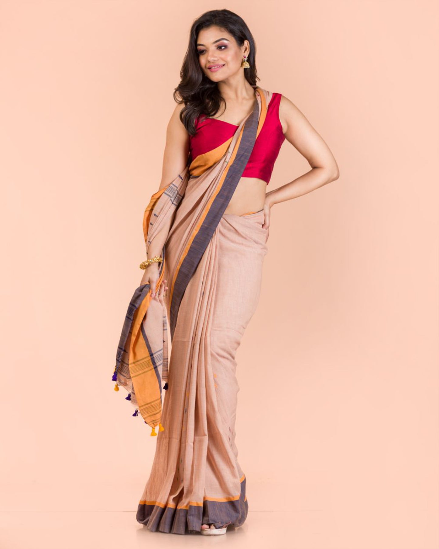 Peach Cotton Jamdani Saree