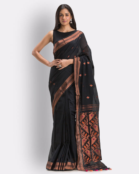 Black Handloom Traditional Cotton Tangail Saree