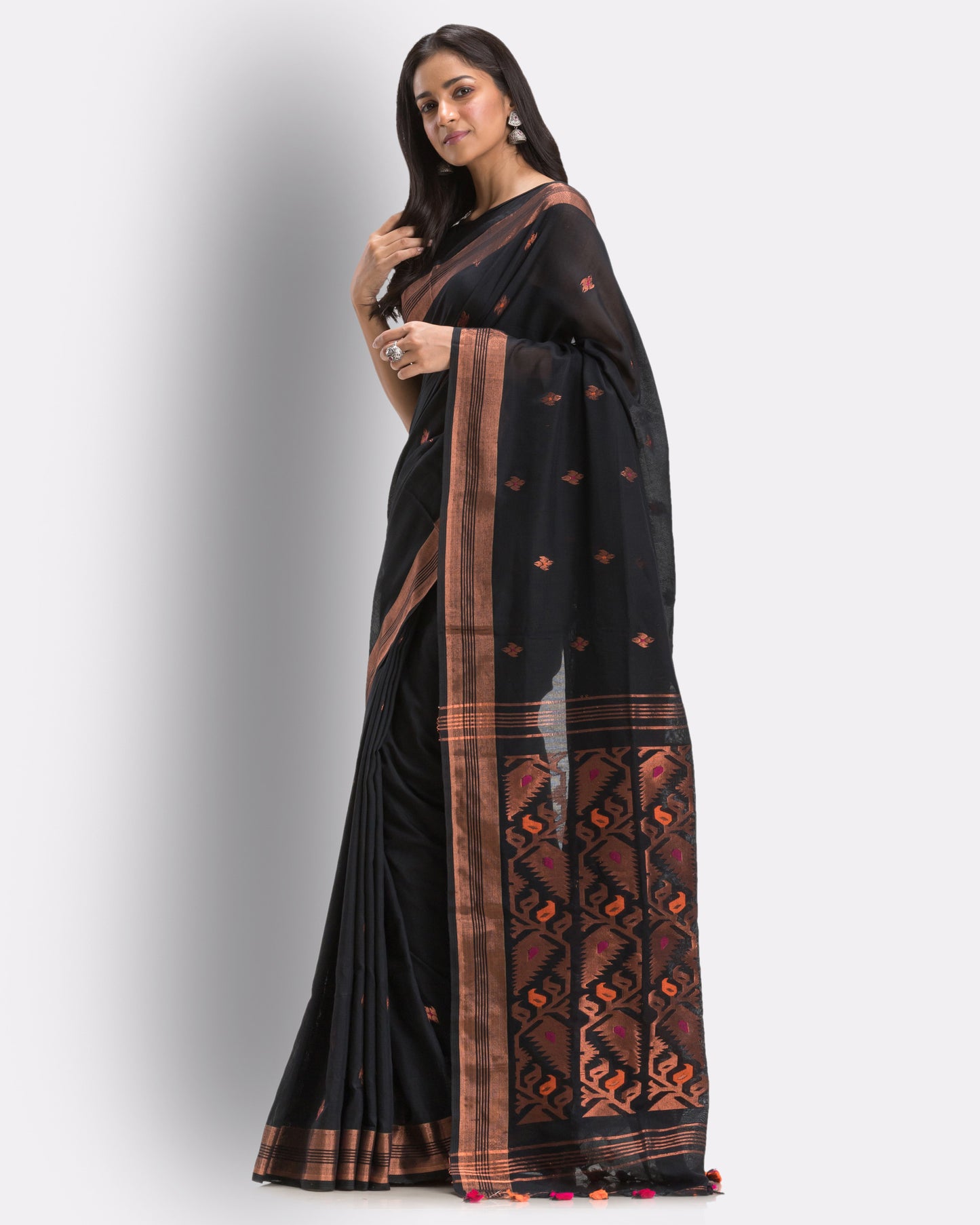 Black Handloom Traditional Cotton Tangail Saree