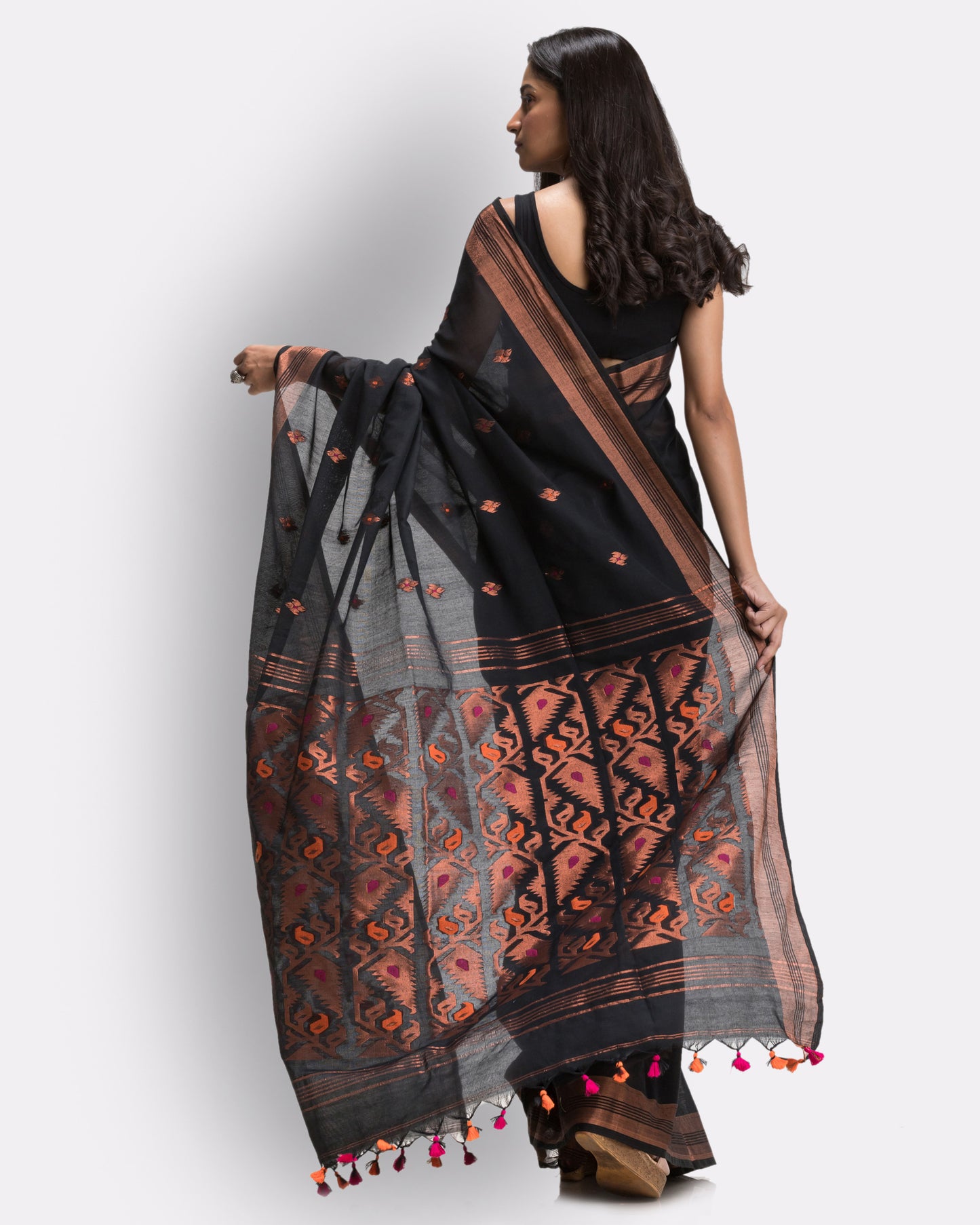 Black Handloom Traditional Cotton Tangail Saree