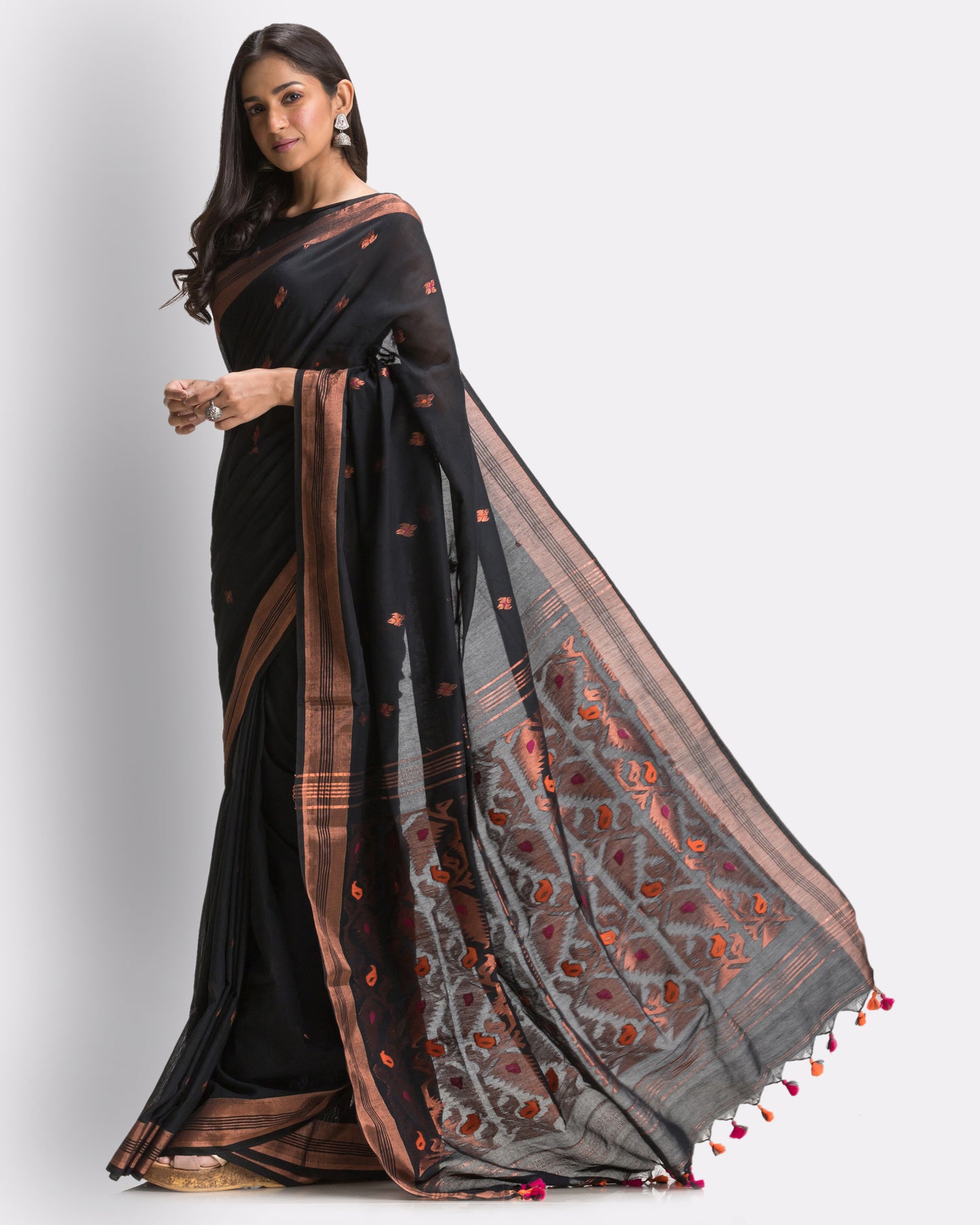 Black Handloom Traditional Cotton Tangail Saree