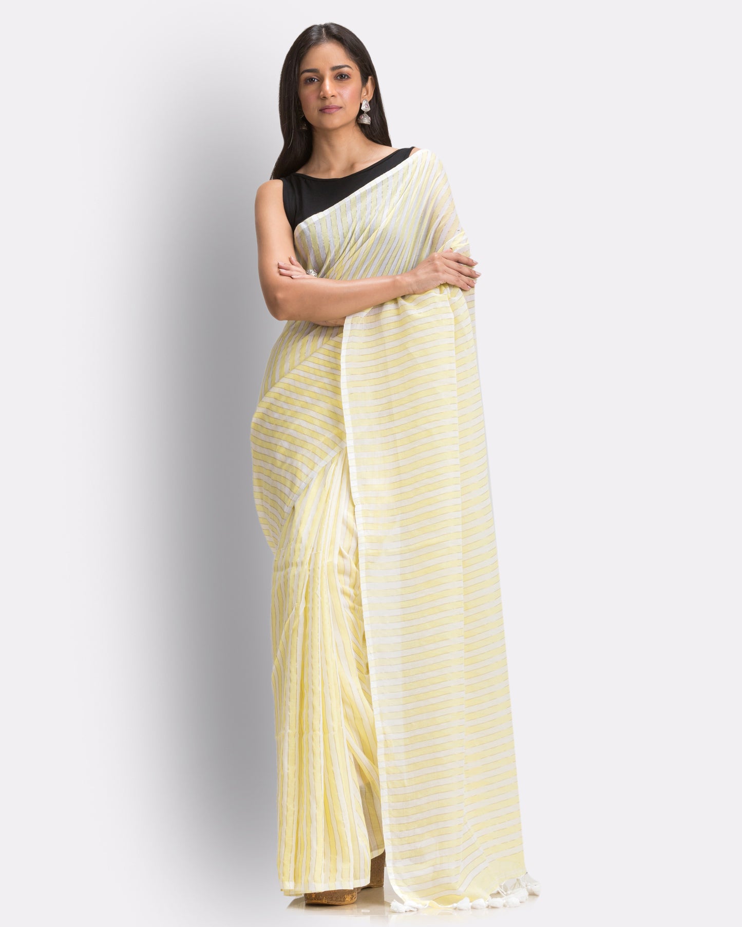 Angoshobha White Light Yellow Striped Mulmul Cotton Saree