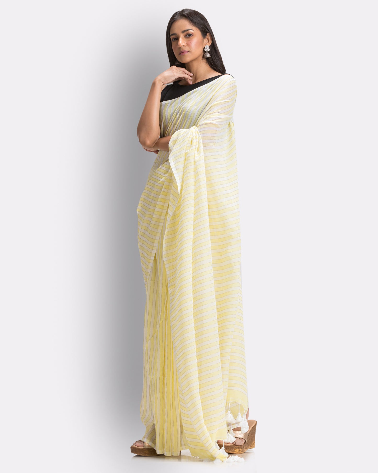 Angoshobha White Light Yellow Striped Mulmul Cotton Saree