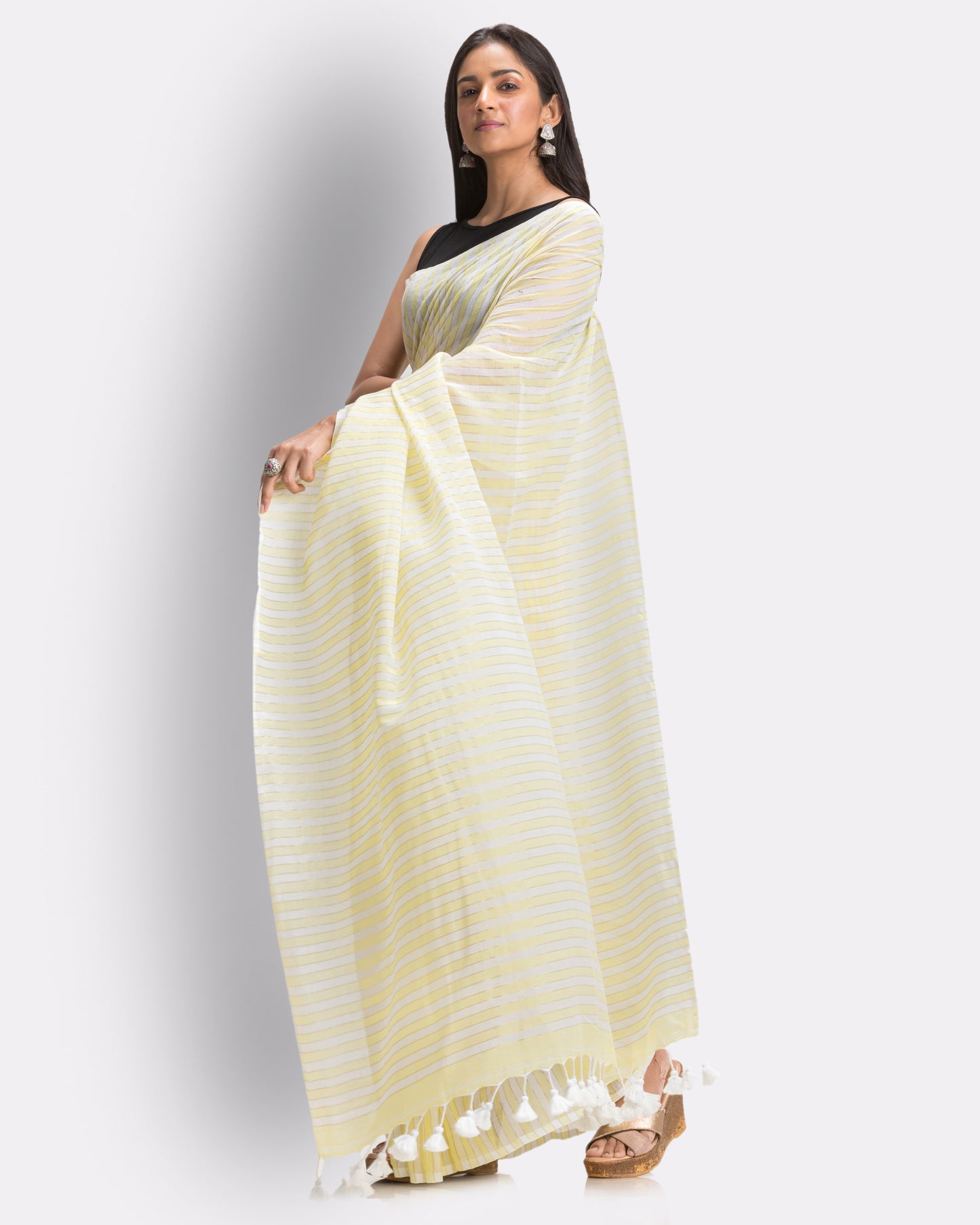 Angoshobha White Light Yellow Striped Mulmul Cotton Saree