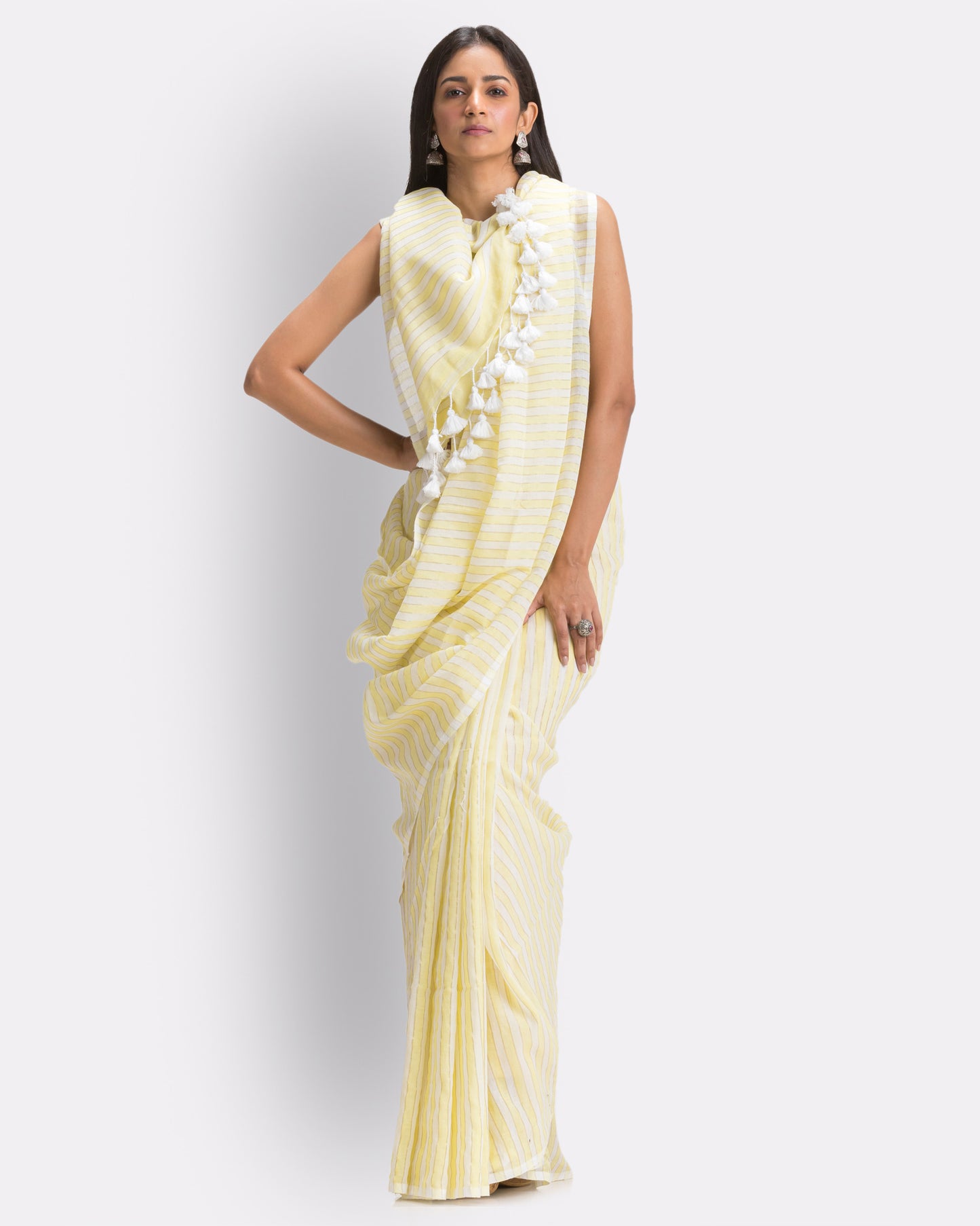 Angoshobha White Light Yellow Striped Mulmul Cotton Saree