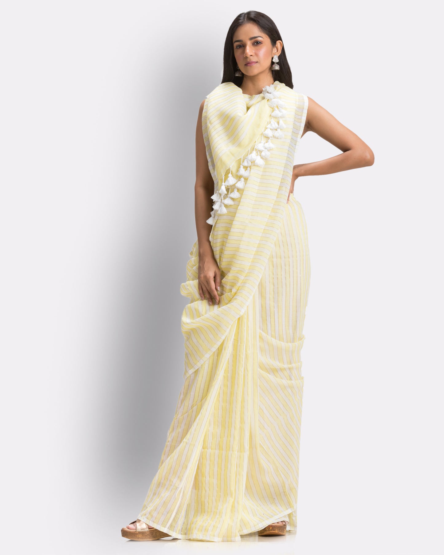 Angoshobha White Light Yellow Striped Mulmul Cotton Saree