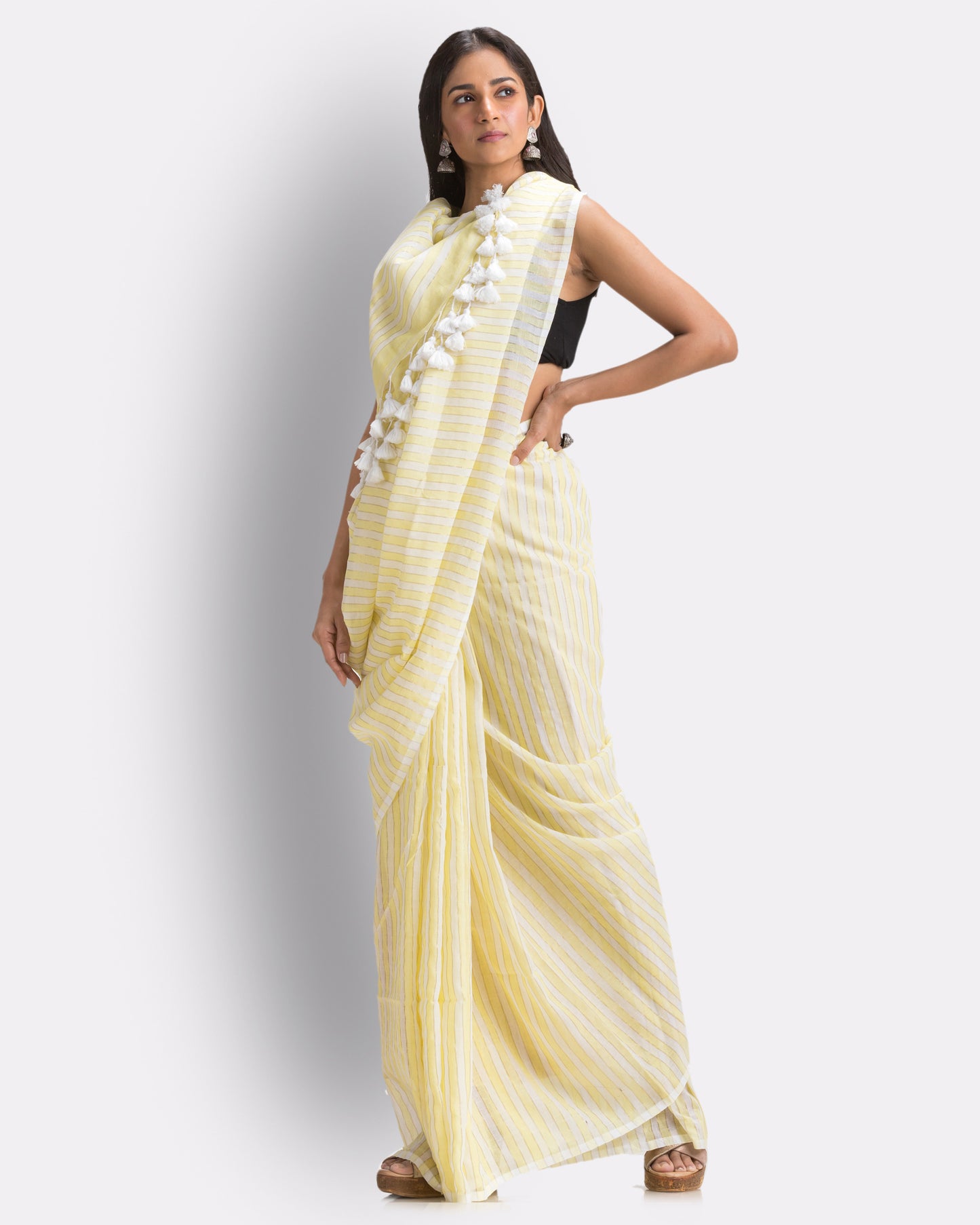 Angoshobha White Light Yellow Striped Mulmul Cotton Saree