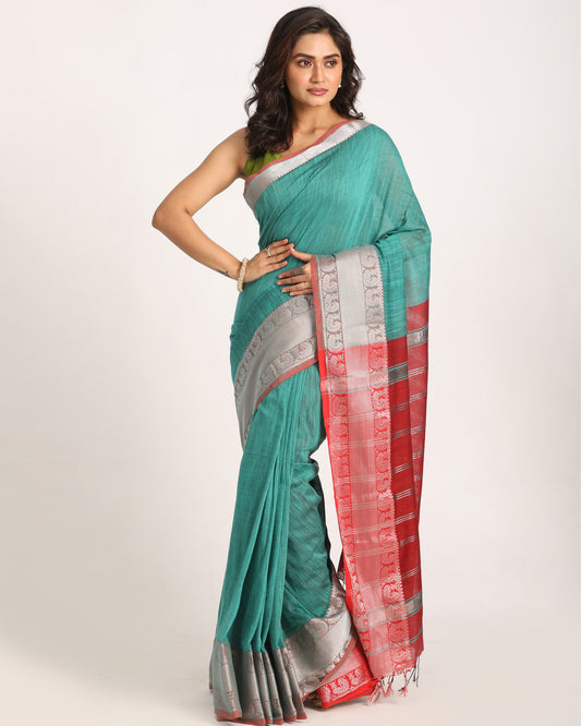 Deep Teal Handloom Cotton Tangail Saree