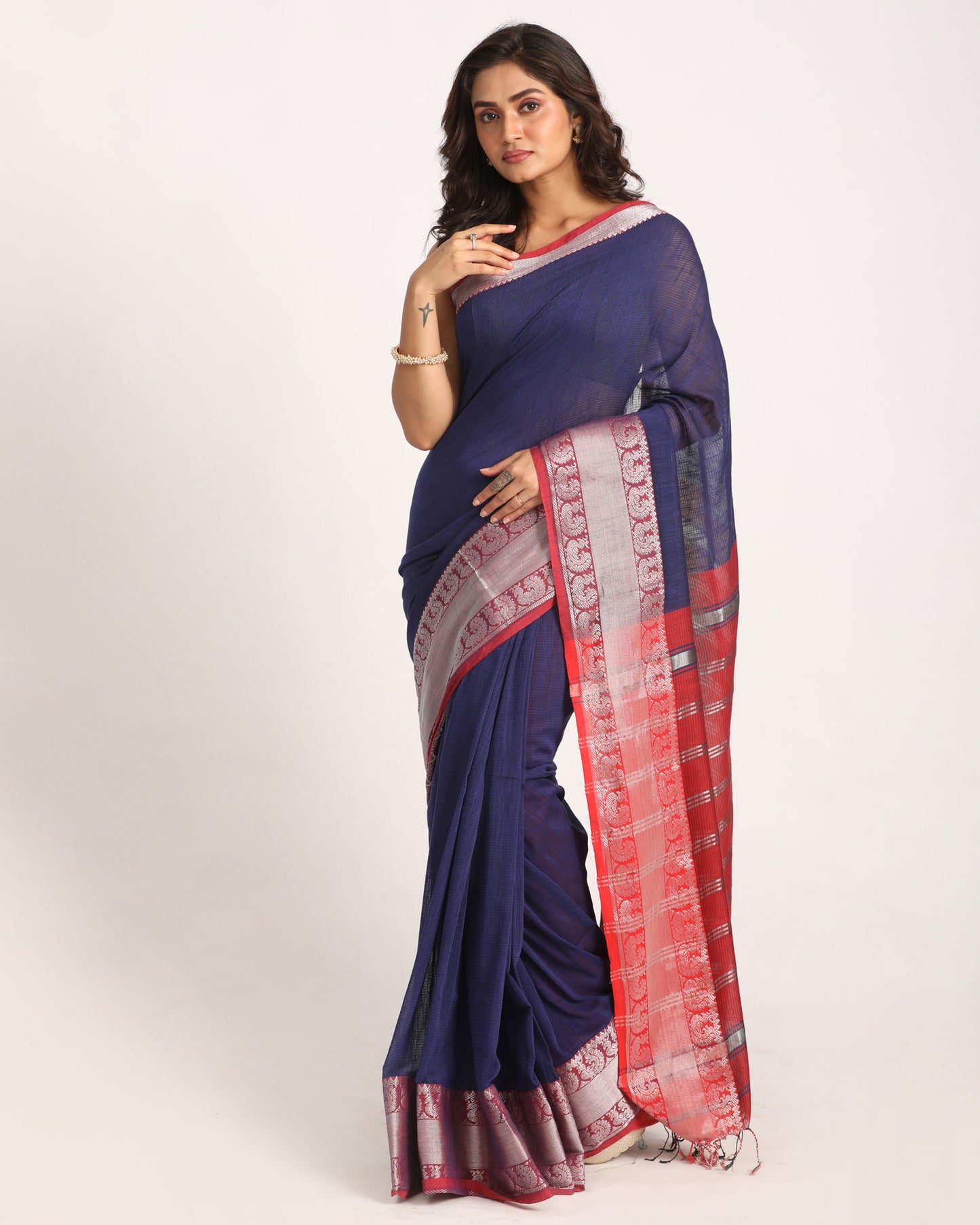 Navy Blue Handloom Cotton Tangail Saree