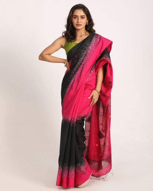 Deep Pink Cotton Blend Handloom Tie Dye Jamdani Saree